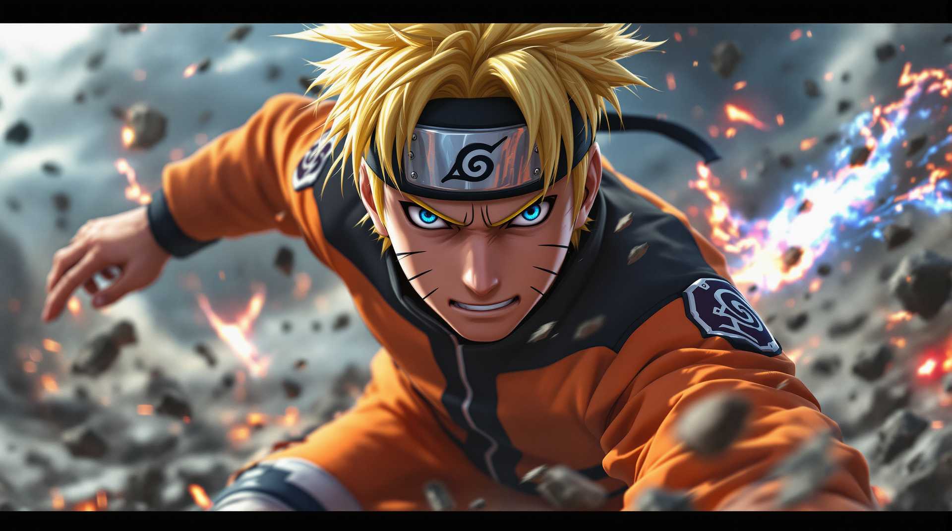 Create a hyper-realistic, 4K quality image of Naruto Uzumaki. The scene should capture Naruto in an intense battle stance, with his signature orange and black outfit, complete with the headband bearing the Konoha symbol. His bright blue eyes should exude determination, and his spiky blond hair should look naturally tousled. The background should be a dynamic battlefield with debris and energy effects, emphasizing the chaos and intensity of the scene. Ensure the details are incredibly sharp, highlighting every muscle, texture of the clothing, and strands of hair. Add a dramatic lighting effect that accentuates Naruto's features, making the image visually striking and incredibly catchy, sf, intricate artwork masterpiece, ominous, matte painting movie poster, golden ratio, trending on cgsociety, intricate, epic, trending on artstation, by artgerm, h. r. giger and beksinski, highly detailed, vibrant, production cinematic character render, ultra high quality model.