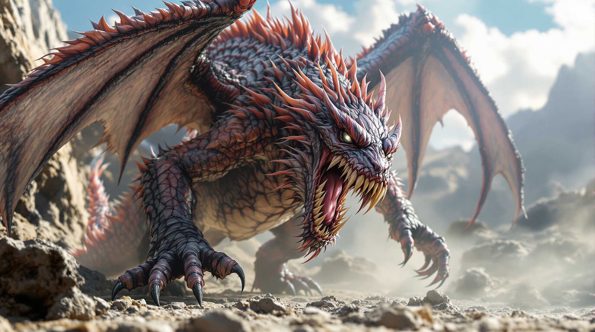 Hyper realistic photo of a monster, has wings, tail, teeth like a beast, camera zoom in, bright , clear background