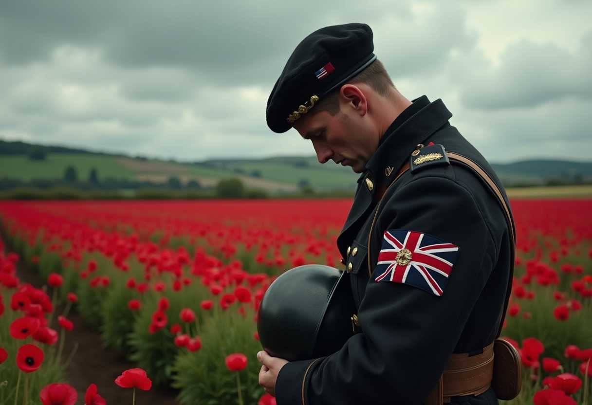 flanders fields ww2 British soldier in full combat uniform from the 1940’s standing head bowed with his helmet in hand thinking deeply surrounded by poppies with rolling hills in the background in black with white crosses  British flag patch on his arm of his uniform wild poppies adorn the fields hyper realistic colours with a moody sky