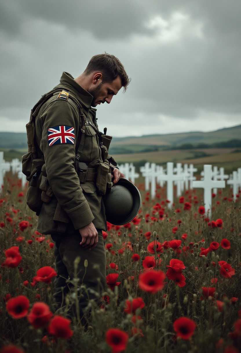 flanders fields ww2 British soldier in full combat uniform from the 1940’s standing head bowed with his helmet in hand thinking deeply surrounded by poppies with rolling hills in the background in black with white crosses  British flag patch on his arm of his uniform wild poppies adorn the fields hyper realistic colours with a moody sky