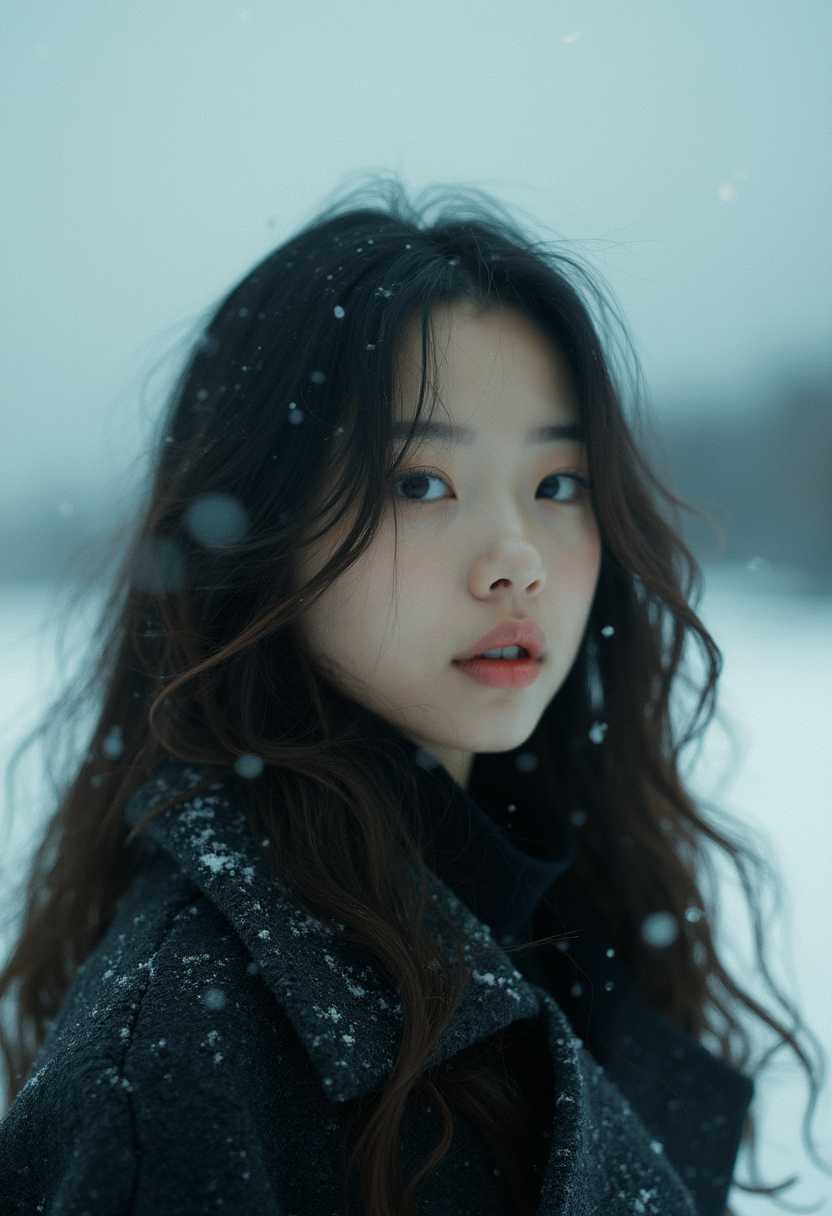 Winterthemed portrait of a young woman with snow falling around her