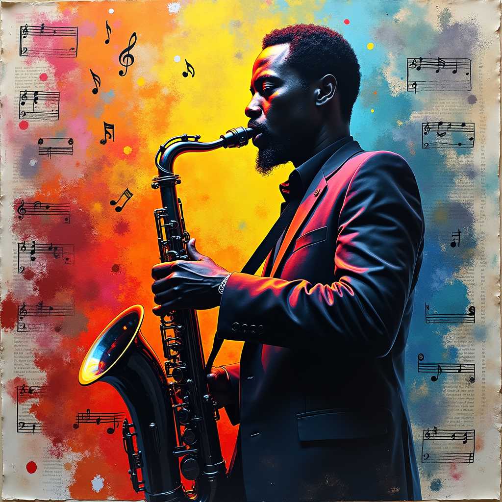 A dynamic mixed media collage of a Black jazz musician in mid-performance, his saxophone glowing with vibrant colors.
Background: Abstract, with newspaper clippings, paint splatters, and hand-drawn musical notes blending into each other, representing the history of jazz.
Lighting: Spotlight on the musician, creating dramatic contrasts and shadows; a secondary glow from abstract music notes swirling around him.
Style: Neo-Expressionism, using spray paint, charcoal, and acrylic with digital enhancements for vibrant colors and movement.
Color Palette: Bold primary colors with black and white accents; neon highlights to give energy and rhythm to the composition.
Texture/Detail: Rough textures with visible brushstrokes, splattered paint, and textured paper layers that emphasize a gritty urban feel.
Aspect Ratio: Square, 1:1**