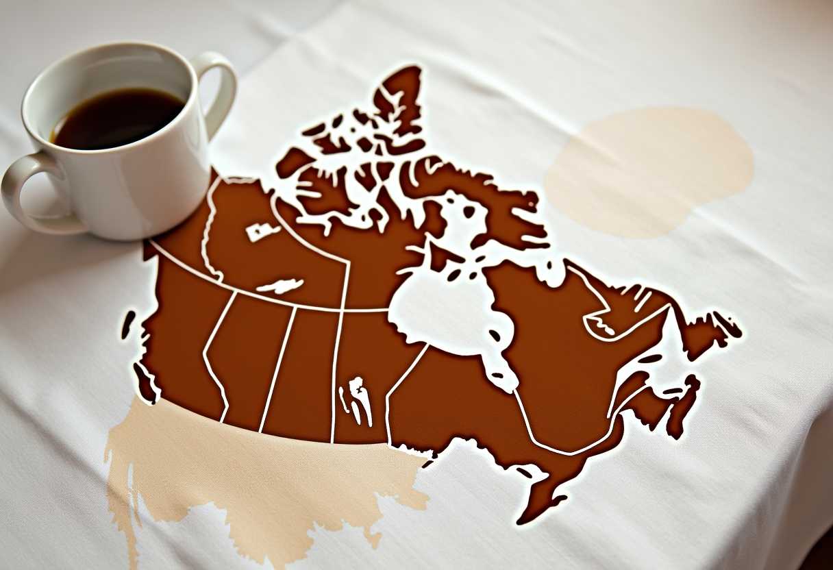 spilled coffee on the tablecloth represents the map of Canada and coffee cup