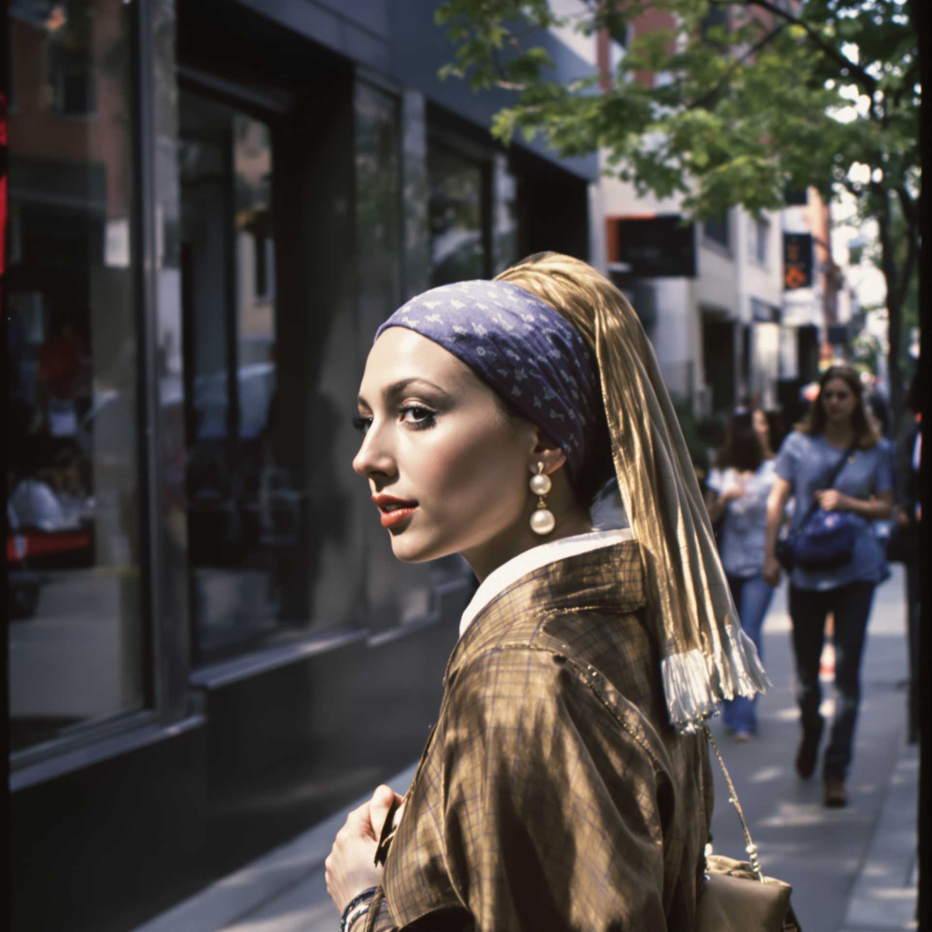 girl with the pearl earring by vermier became real girl and is walking in the street of New York, 70s style photo, Kodak

