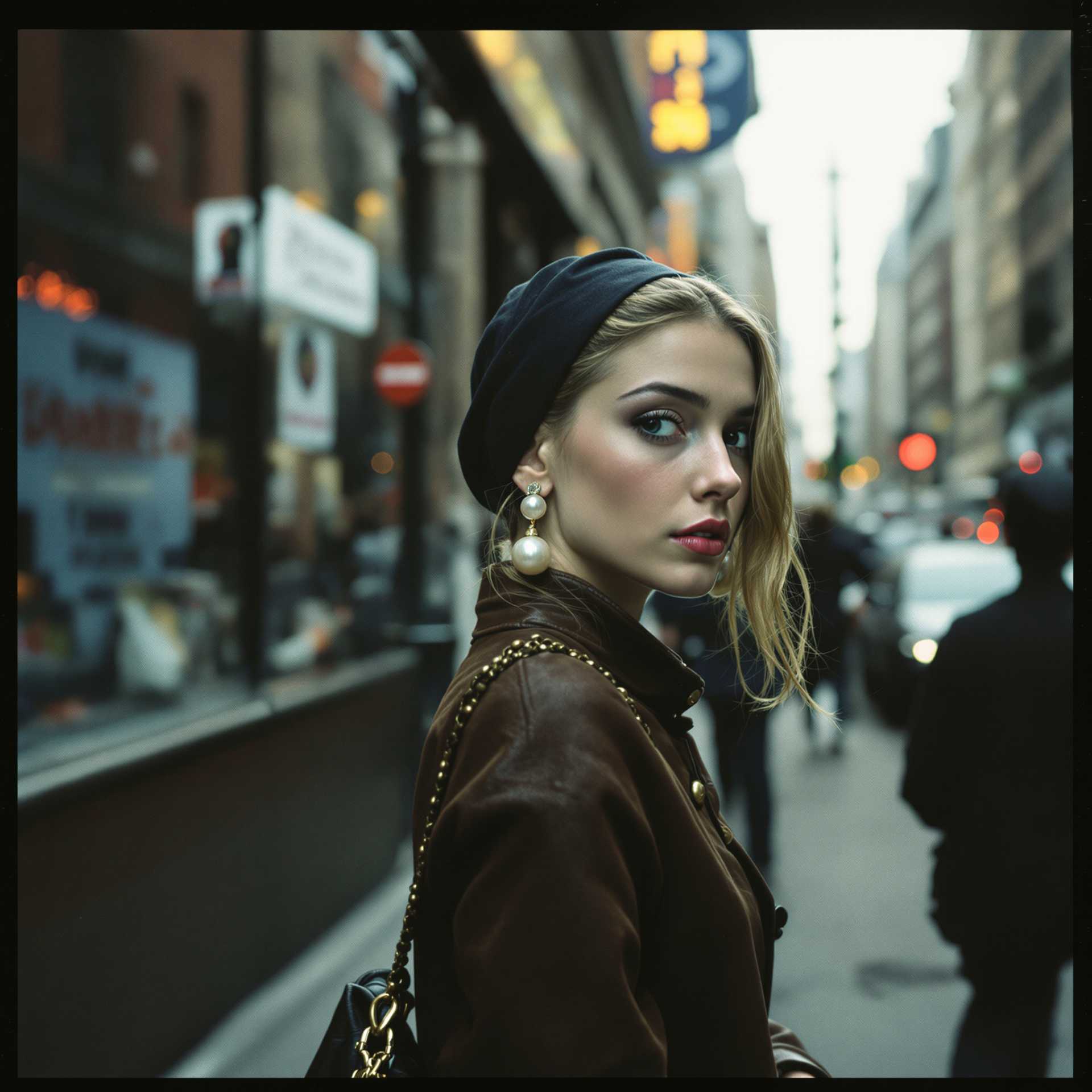 girl with the pearl earring by vermier became real girl and is walking in the street of New York, 70s style photo, Kodak
