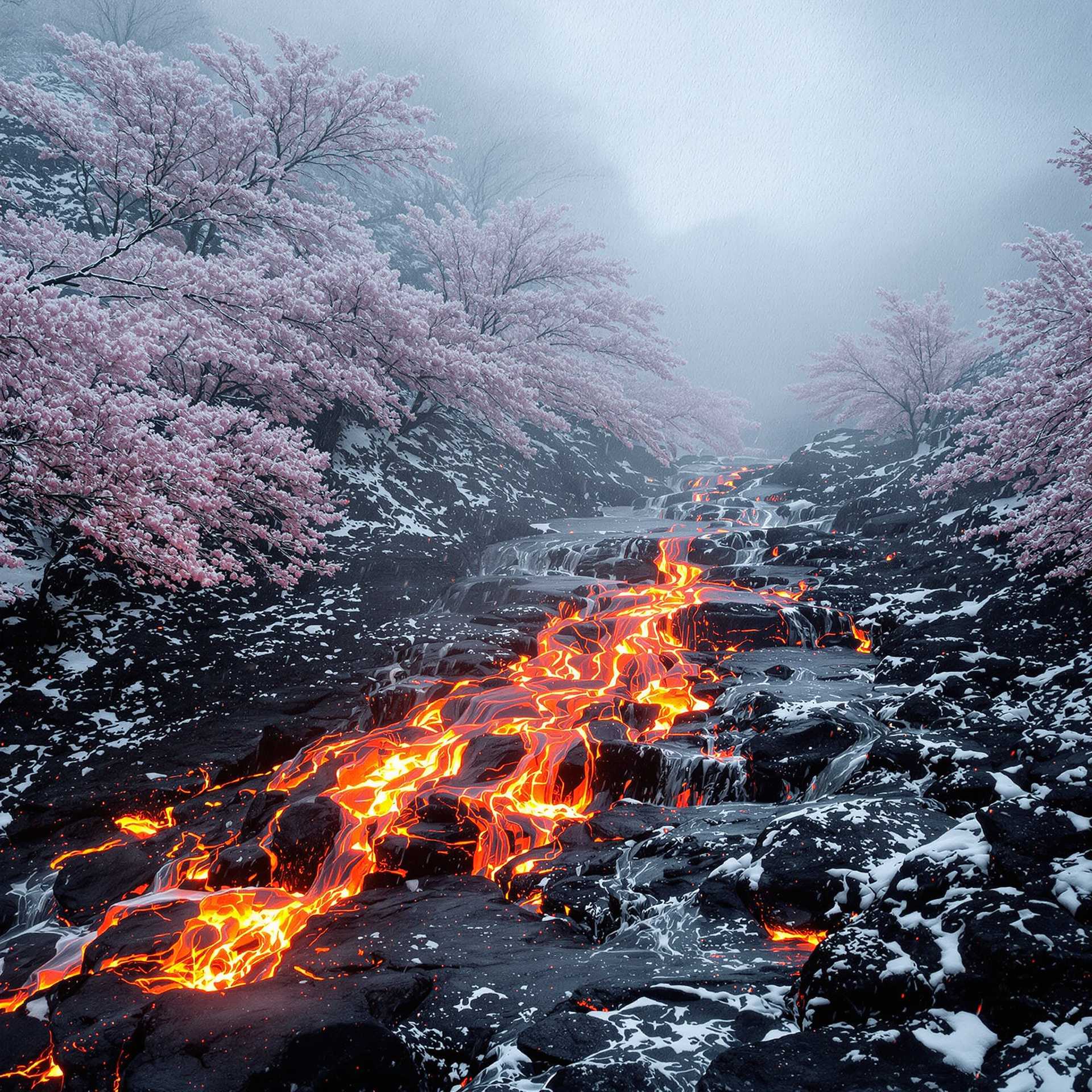 panoramic photo, lava river flowing on the black earth, the shores are beautiful sakura gardens, heavy snow falling, captured in slow motion, beautiful, calm and passionate, contrast, light and shadow, fire and snow, ultra realistic render, epic movie scene