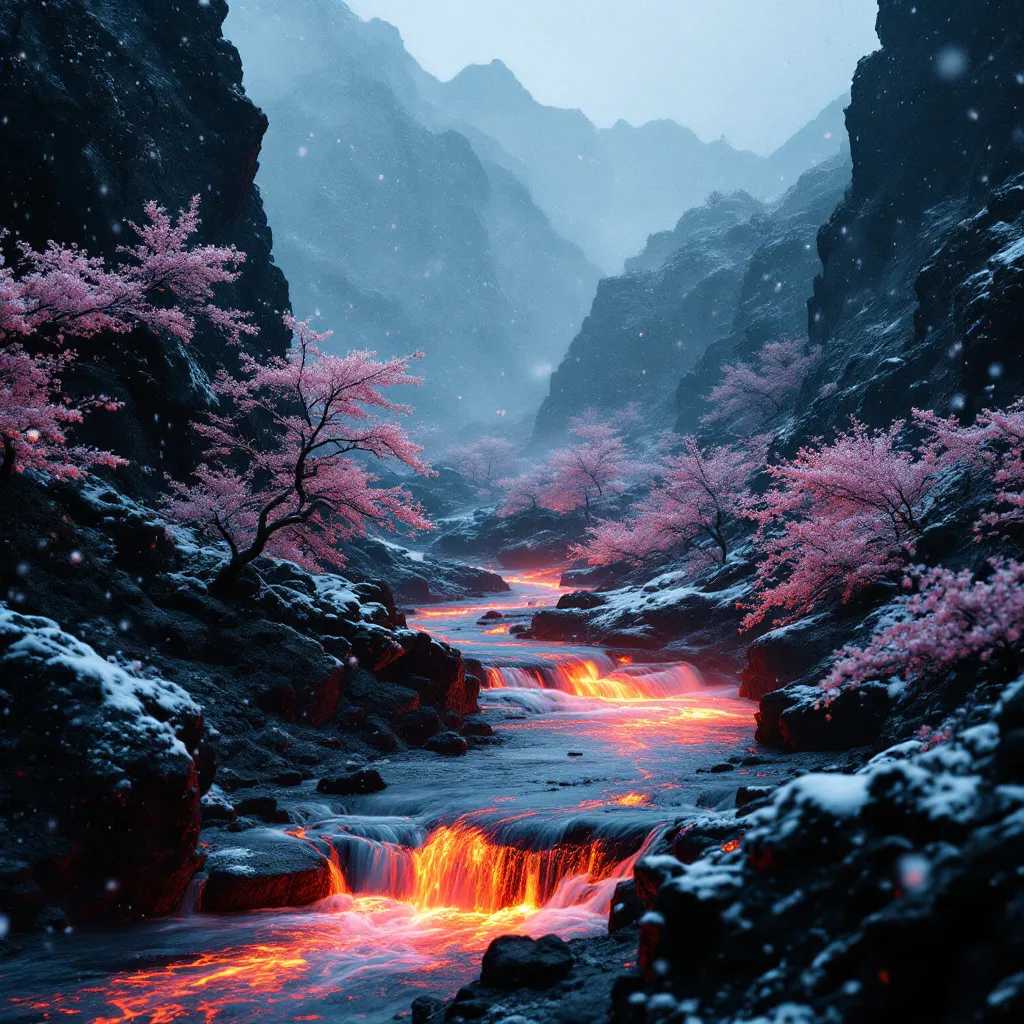 panoramic photo, lava river flowing on the black earth, the shores are beautiful sakura gardens, heavy snow falling, captured in slow motion, beautiful, calm and passionate, contrast, light and shadow, fire and snow, ultra realistic render, epic movie scene