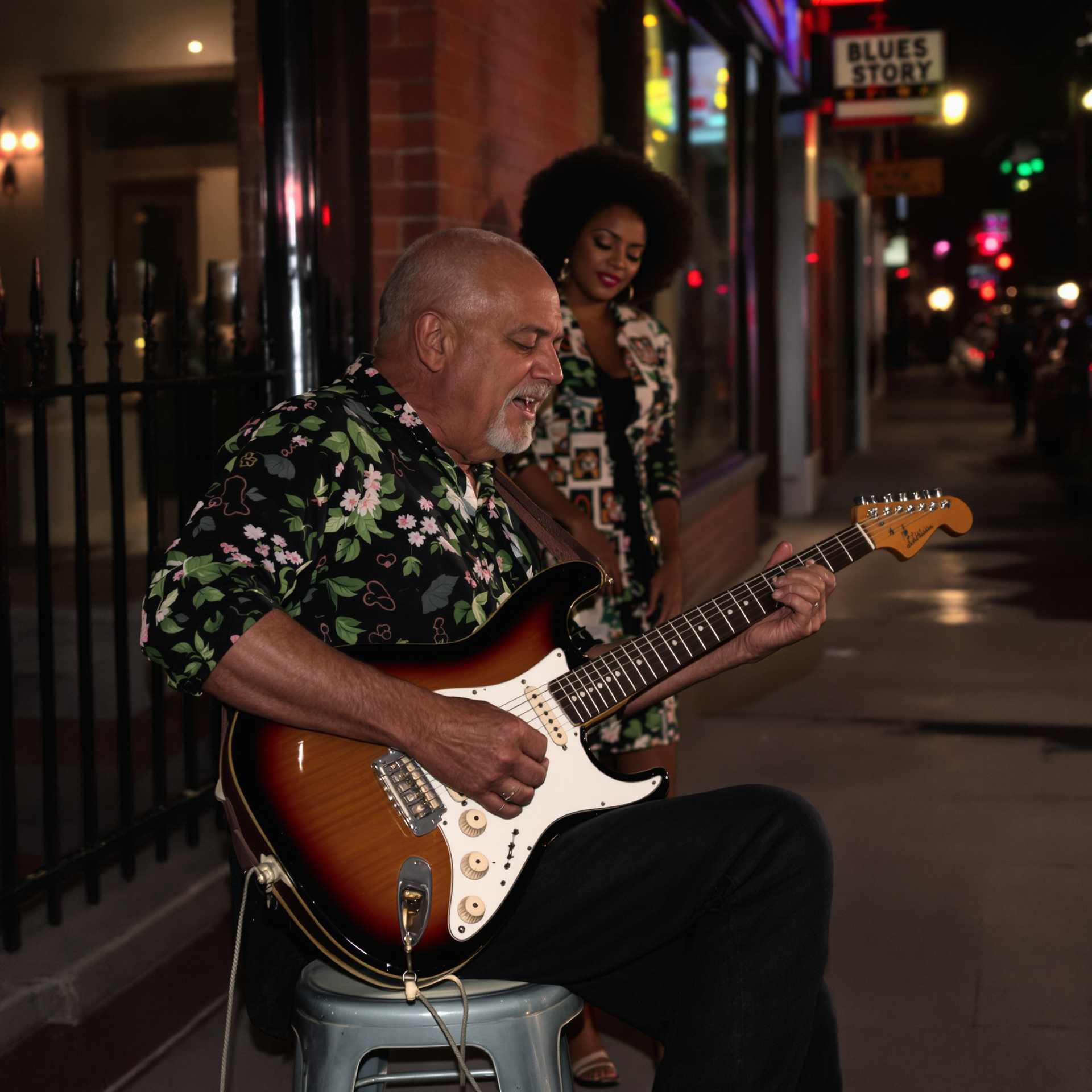 Elderly Man Playing Guitar on Street Corner at Night
