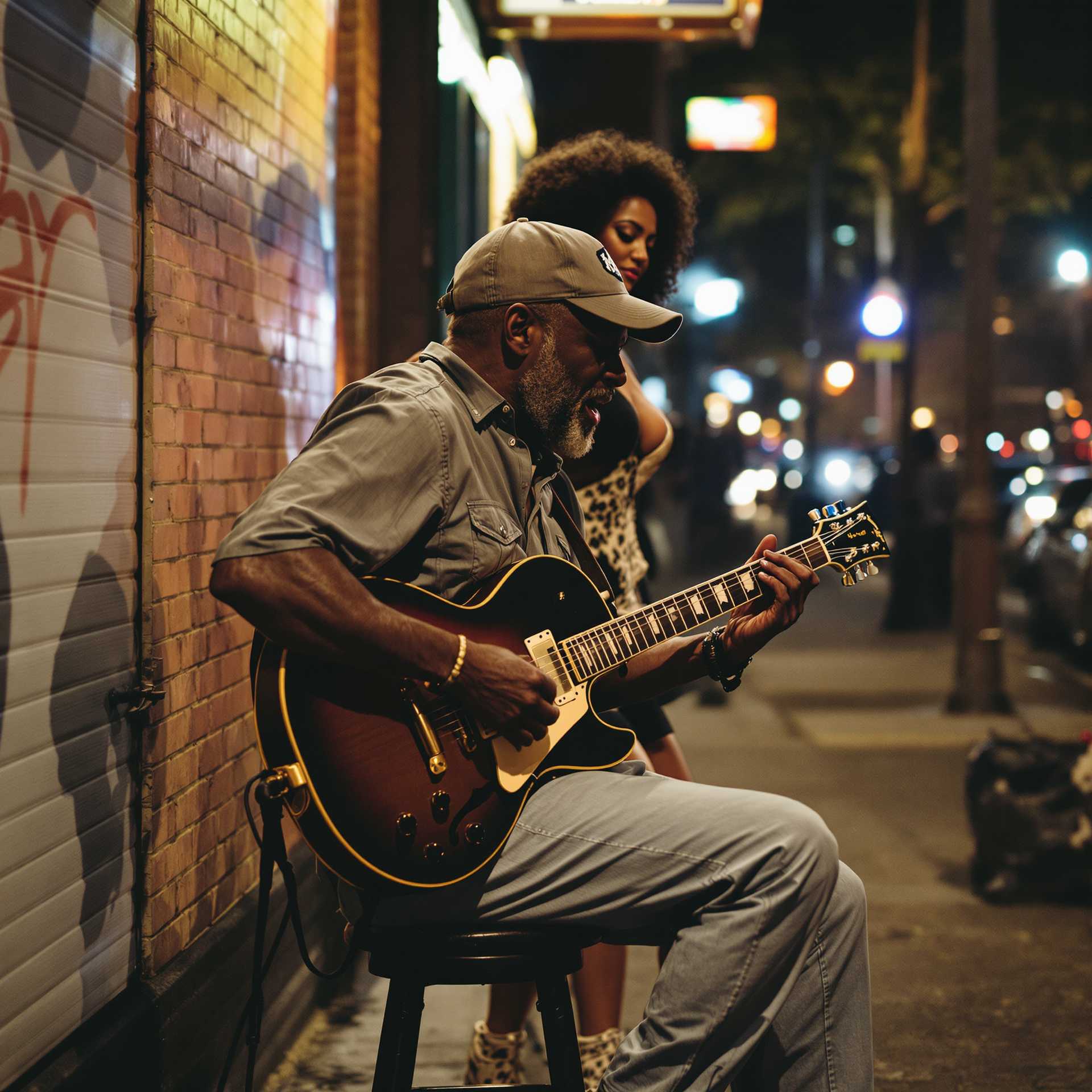 Capture the essence of a seasoned blues guitarist, passionately strumming his electric guitar while seated on a stool along a Bronx sidewalk on a Saturday night. Behind him stands a beautiful woman of color, fully immersed in the soulful music he creates.