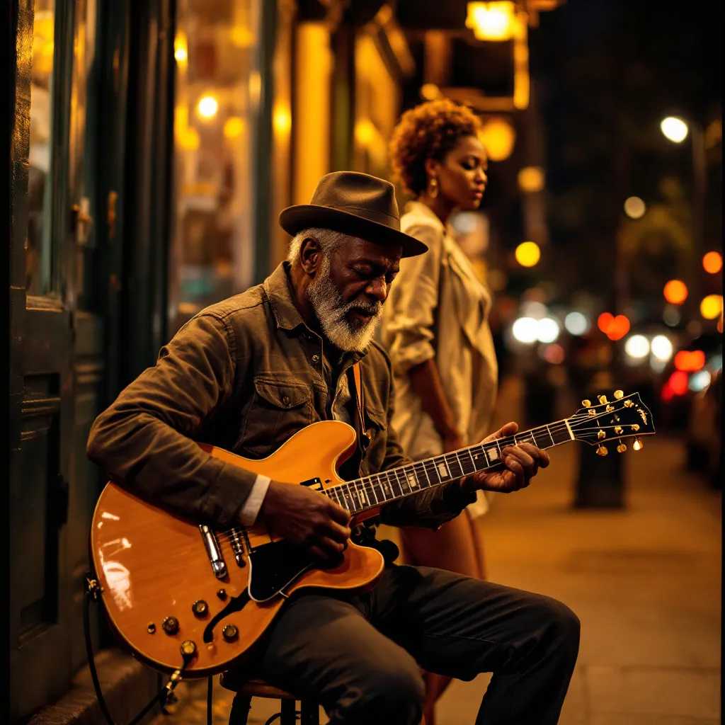 Capture the essence of a seasoned blues guitarist, passionately strumming his electric guitar while seated on a stool along a Bronx sidewalk on a Saturday night. Behind him stands a beautiful woman of color, fully immersed in the soulful music he creates.