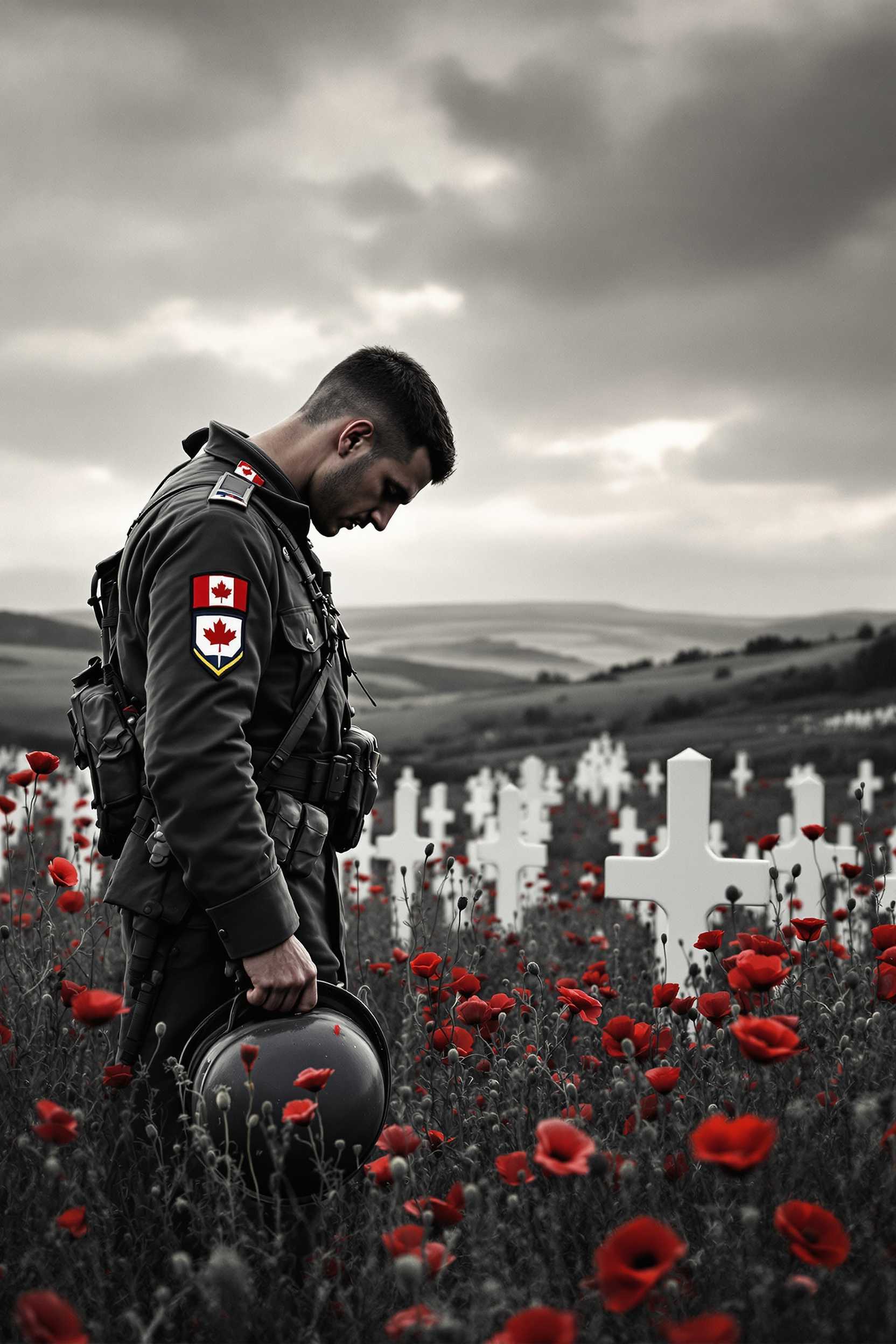 flanders fields ww2 Canadian soldier in full combat uniform from the 1940’s standing head bowed with his helmet in hand thinking deeply surrounded by poppies with rolling hills in the background in black with white crosses  Canadian flag patch on his arm of his uniform wild poppies adorn the fields hyper realistic colours with a moody sky