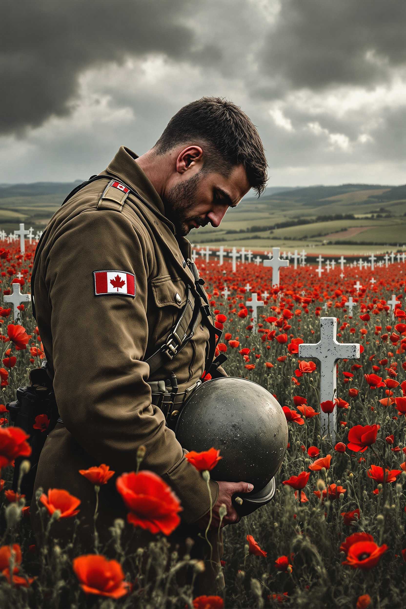 flanders fields ww2 Canadian soldier in full combat uniform from the 1940’s standing head bowed with his helmet in hand thinking deeply surrounded by poppies with rolling hills in the background in black with white crosses  Canadian flag patch on his arm of his uniform wild poppies adorn the fields hyper realistic colours with a moody sky