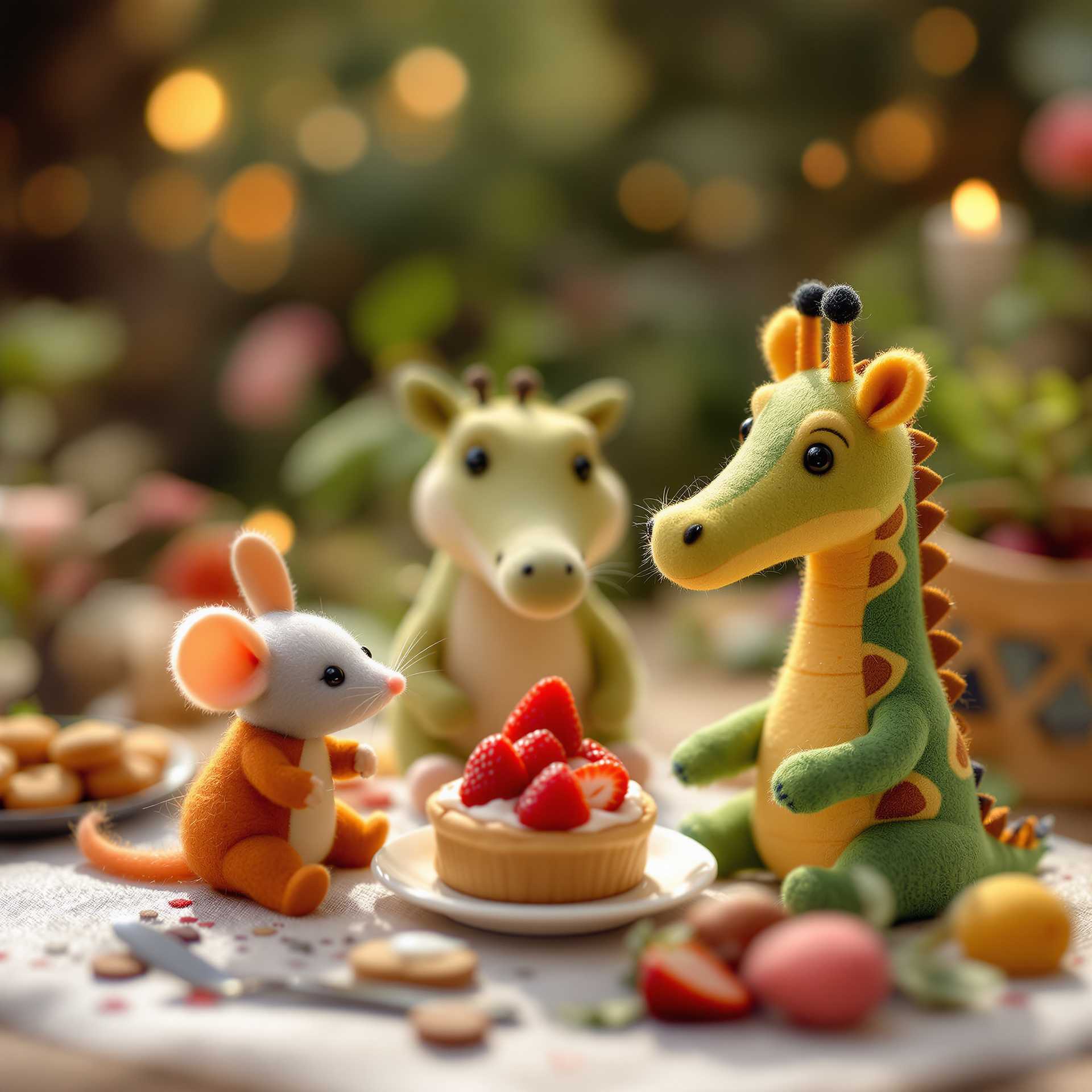 The lovely world of wool felt, a mouse, a crocodile and a giraffe are having tea with strawberry pie, realistic hyper-detail, soft-focus, chibi, Tilt-shift ,super lighting, volumetrics, Jon Klassen, in focus,80mm lens, Large aperture, light colors
