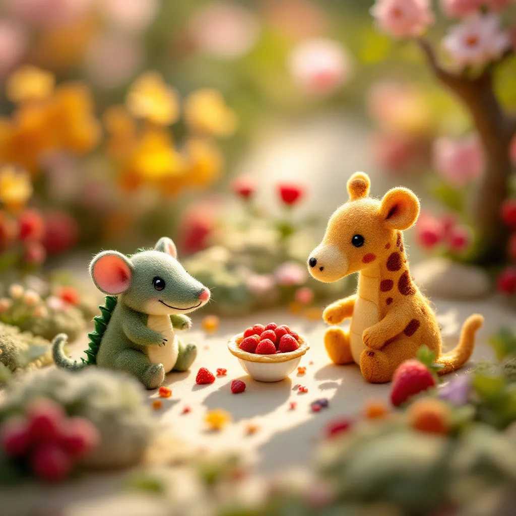 The lovely world of wool felt, a mouse, a crocodile and a giraffe are having tea with strawberry pie, realistic hyper-detail, soft-focus, chibi, Tilt-shift ,super lighting, volumetrics, Jon Klassen, in focus,80mm lens, Large aperture, light colors
