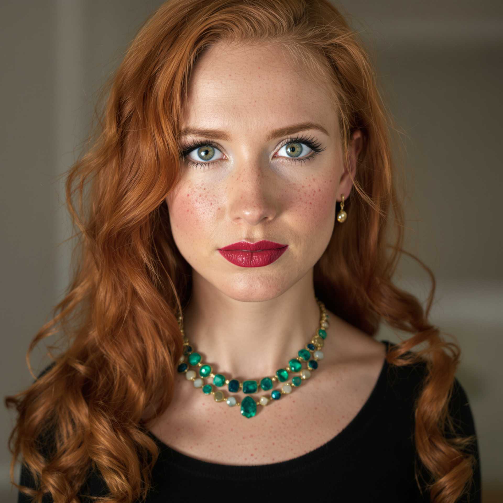 portrait of a redhead woman with beautiful green eyes, freckles, wearing an emerald necklace; photography, portrait photography, 50mm lense, leika photography
