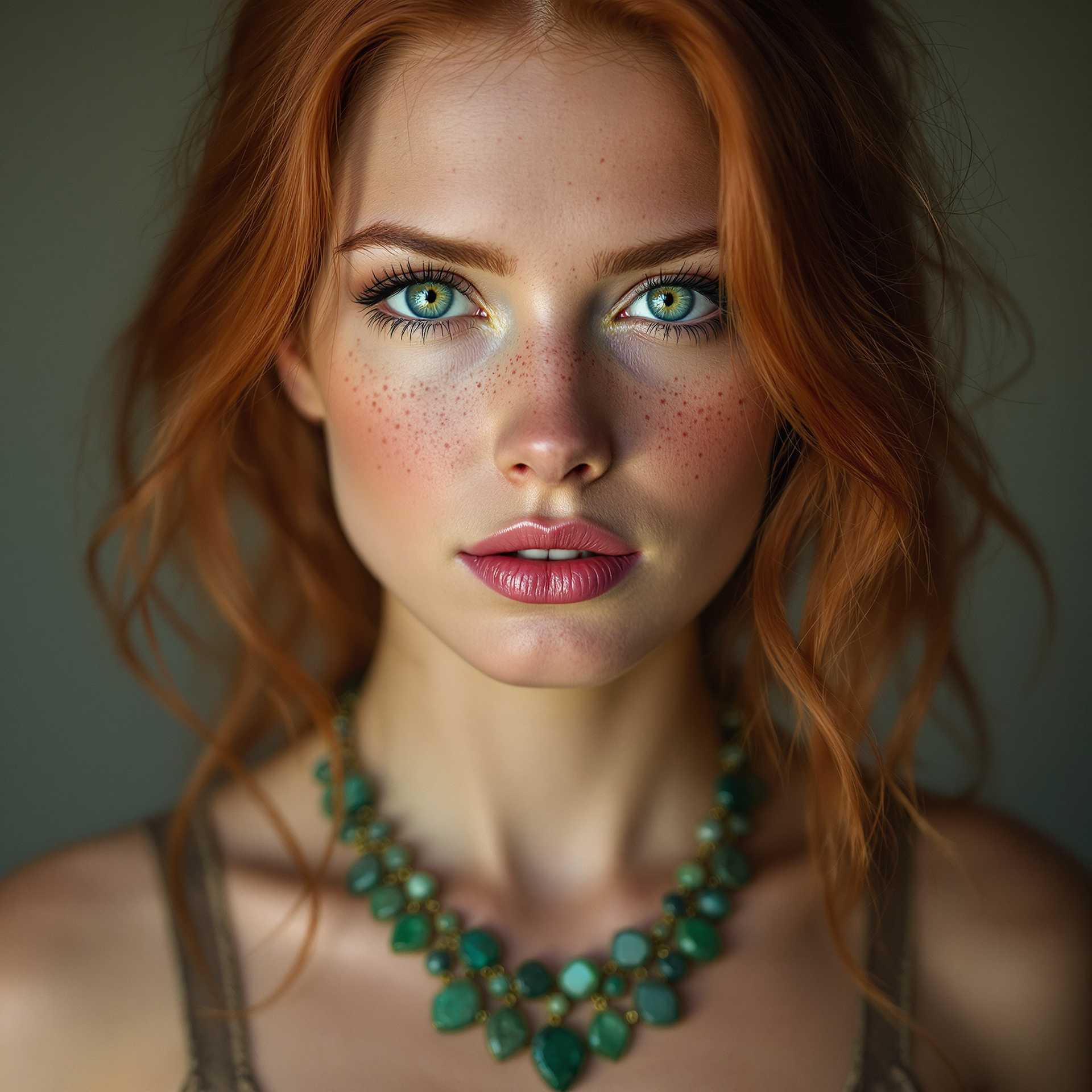 portrait of a redhead woman with beautiful green eyes, freckles, wearing an emerald necklace; photography, portrait photography, 50mm lense, leika photography
