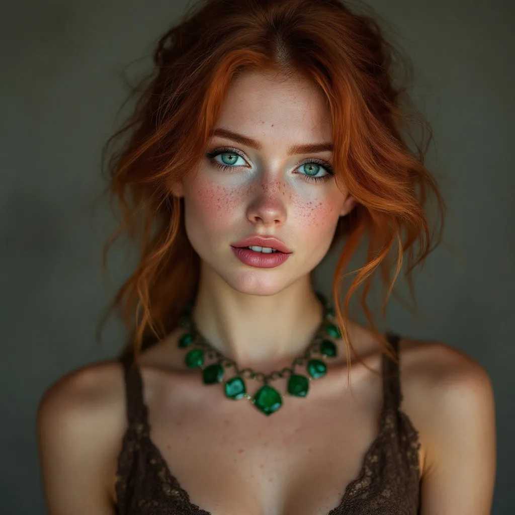portrait of a redhead woman with beautiful green eyes, freckles, wearing an emerald necklace; photography, portrait photography, 50mm lense, leika photography
