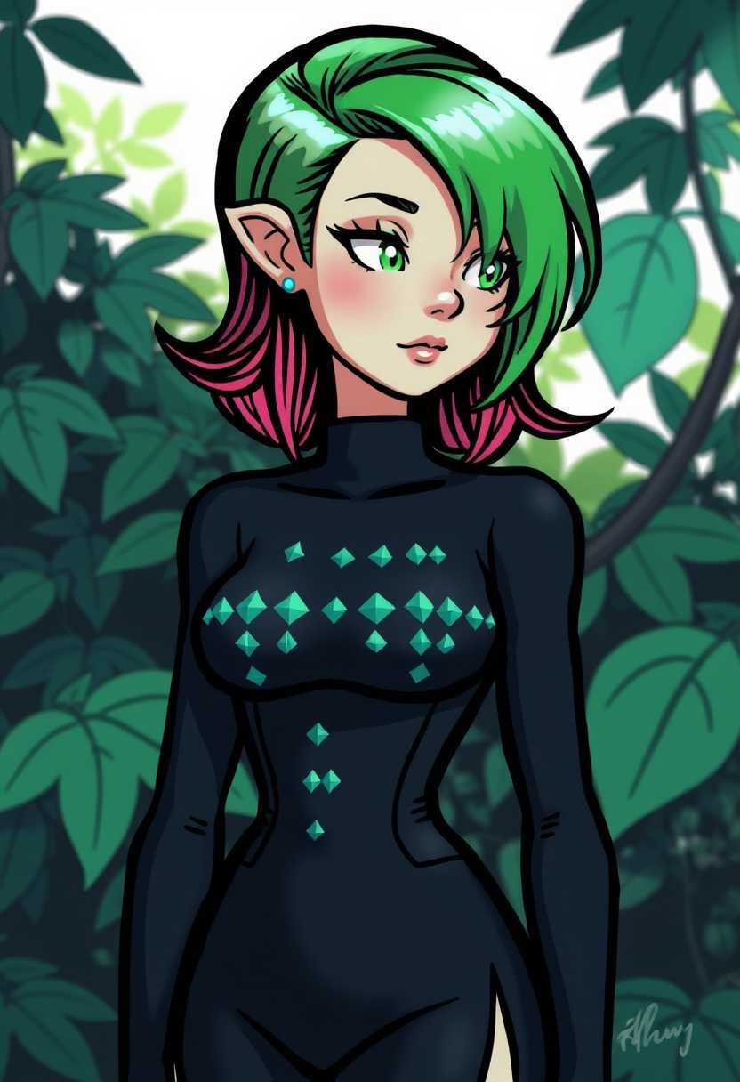 This image is a digital illustration that showcases a stylized female character. The art style is contemporary with a touch of fantasy, characterized by its clean lines, bold outlines, and a threedimensional form despite being a twodimensional medium. The medium appears to be a digital painting, given the smooth blending of colors and the lack of texture that might be present in a traditional painting.The colors in the image are vibrant and dynamic, with a predominance of greens that suggest a connection to nature or perhaps a supernatural element. The characters hair and the background foliage are a striking shade of neon green, which stands out against the more subdued tones of the rest of the image. The characters skin is a pale, almost translucent green, which is unusual and adds to the mystique of the character.The character is wearing a formfitting, black outfit with a high neckline and a fitted bodice that is adorned with a pattern of small, reflective, diamondlike shapes. The sleeves are long and narrow, tapering to the wrists, and the outfit has a high slit on one side, revealing a glimpse of the leg. The outfit is shiny and appears to be made of a material that catches the light, giving it a glossy finish.The setting is a greenhouse or conservatory, as indicated by the large windows filled with lush foliage. The light filtering through the panes casts a dappled effect on the floor and the character, creating a sense of depth and dimension. The plants are various in shape and size, with some having broad leaves and others with more delicate foliage, all contributing to the verdant atmosphere of the scene