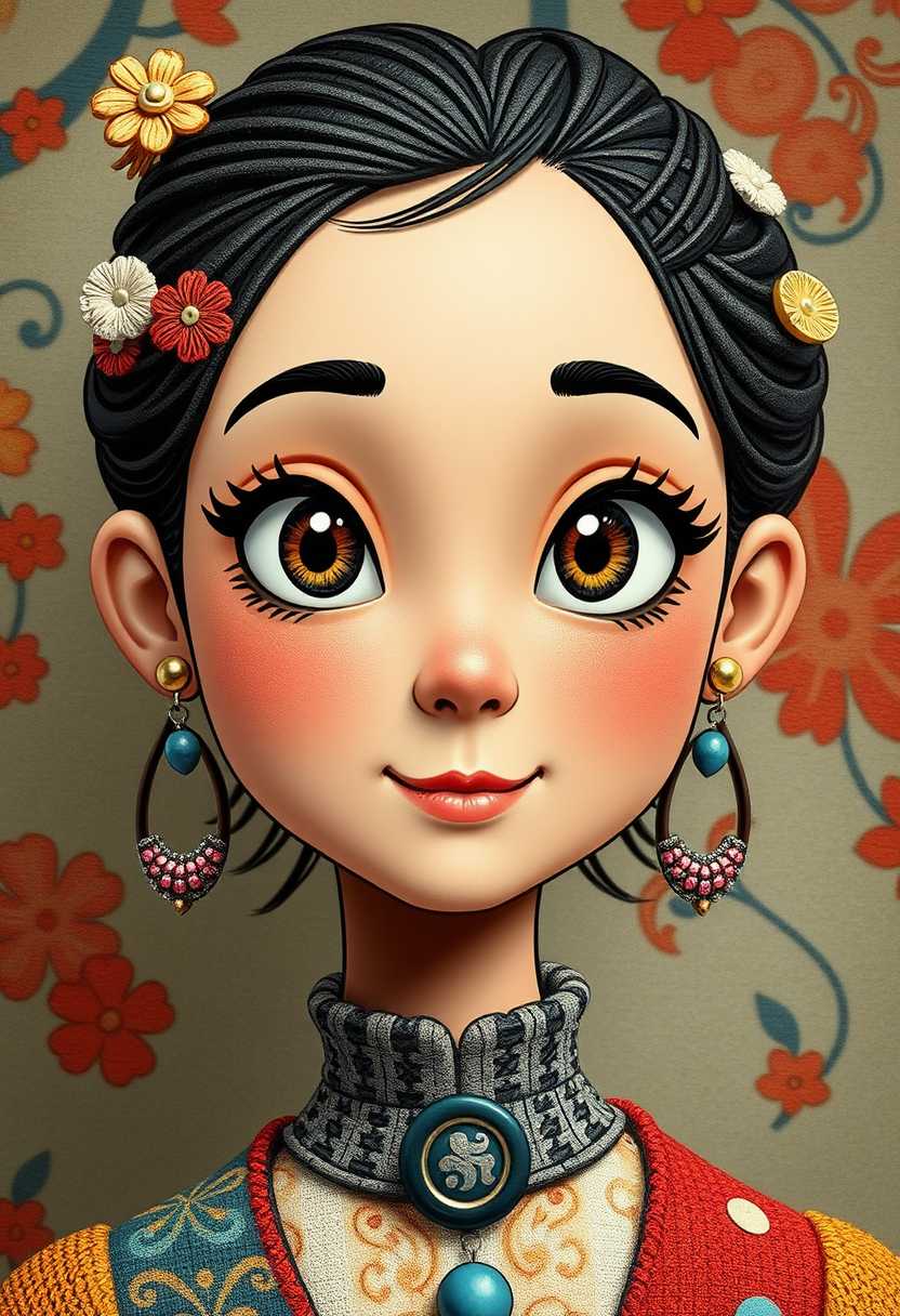 3d cartoon woman in her 20s, featuring her face meticulously crafted from various fabric swatches, embroidery, and buttons, exudes an air of timeless elegance and quiet strength. The portrait has a warm and inviting aura, and the background is a blend of vibrant colors and delicate patterns, creating a whimsical yet sophisticated atmosphere. The intricate stitching and layered textile textures give the portrait a handcrafted charm, while the ultra-high resolution of 8K UHD showcases the artist's mastery of digital mixed media. Inspired by ukiyo-e and fashion illustration, this unique piece of conceptual art blends elements of painting and poster design, creating a captivating and cinematic experience.