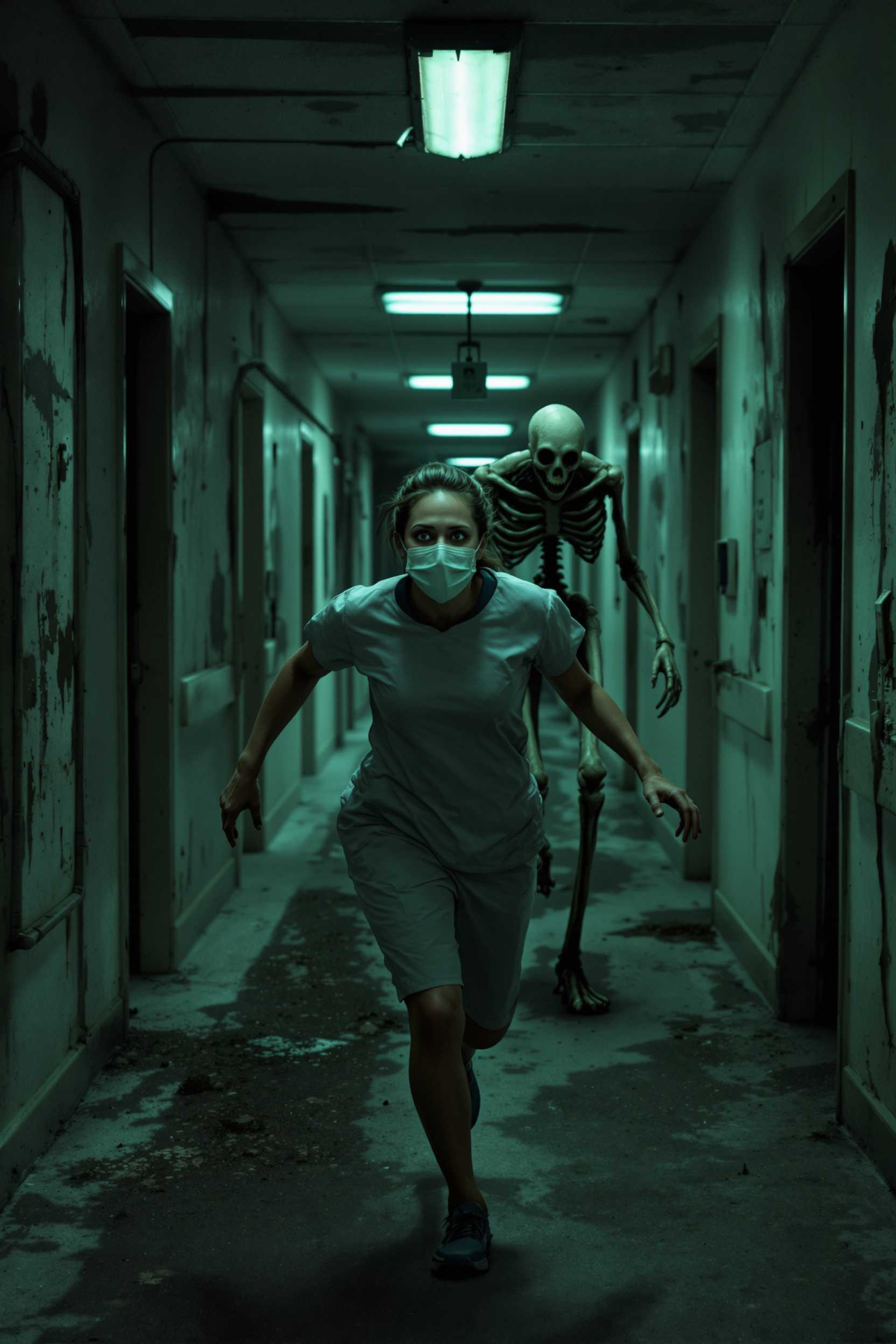 In the decayed corridor of an abandoned hospital, a distressed nurse in a surgical mask and worn scrubs runs towards the viewer, fear in her eyes, glancing back over her shoulder. Behind her, a skeletal creature with elongated limbs and dark eye sockets follows closely. The hallway is dimly lit, with broken fluorescent lights casting harsh shadows. Dust particles and debris add to the unsettling realism, front-view perspective, high-detail horror realism.