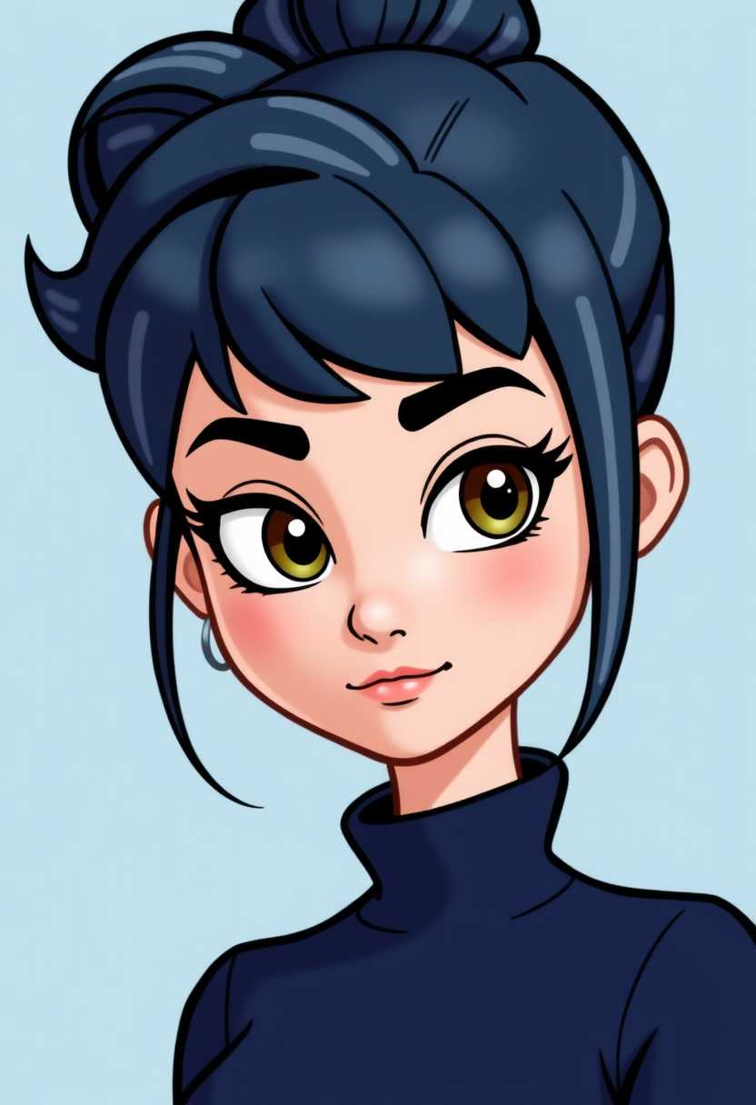 3d cartoon woman. The character is depicted with a confident and somewhat enigmatic expression. Her eyes are large and expressive, with a hint of mischief in the way they are slightly narrowed. The eyebrows are thick and welldefined, with a slight arch that adds to her determined look. The nose is small and delicate, with a soft blush on the cheeks that contrasts with the otherwise cool tones of her skin.The hair is styled in a high bun with loose strands framing the face, giving it a playful and slightly rebellious feel. The hair is a deep blueblack color with lighter highlights that suggest the suns rays, adding depth and dimension to the hair. The earrings are simple yet elegant, with a circular design that complements the overall sleek and modern look of the character.The clothing is a dark blue top with a high neckline, which adds to the overall sophisticated and mysterious vibe of the character. The fabric of the clothing is depicted with a slight sheen, indicating a smooth texture and a quality material.The background is a solid light blue, which serves to highlight the character and create a sense of space around her. The choice of color also complements the cool tones of the character, creating a cohesive and visually pleasing composition.