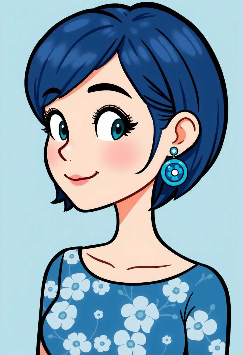 3d cartoon woman. The subject of the illustration is a person, likely a female given the style of the hair and the earrings. The hair is a deep, rich blue with a slight sheen, suggesting a glossy finish. The hair is styled in a bob cut with a side part, and the bangs are swept to one side, giving a modern and edgy feel to the overall look. The person is wearing a top with a floral pattern, predominantly in shades of blue and white, which complements the overall color scheme of the image.The earrings are a standout feature in the image. They are circular in shape, with a gradient of blue colors that match the hair, and are adorned with small, white flowerlike details, which echo the floral pattern on the top. The earrings add a touch of whimsy and femininity to the overall aesthetic.The background is a solid, light blue, which serves to highlight the subject and the details of the clothing and accessories. 