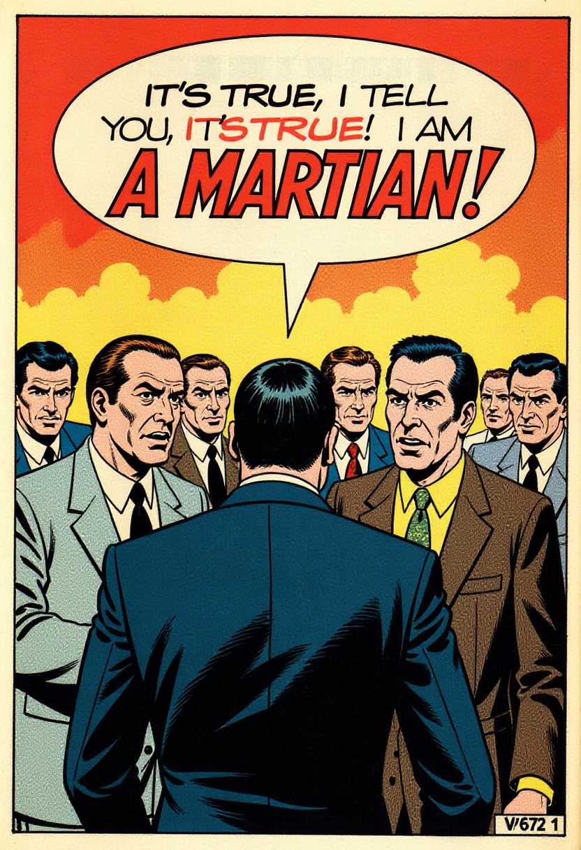 This image is a vintage comic book panel, featuring a dramatic confrontation scene. The art style is reminiscent of the 1950s American comic book era, with bold lines, flat colors, and a clear sense of action and tension.The medium is paper, and the colors are primarily in shades of red, yellow, and black, with some blue and white accents. The reds and yellows are quite bright, creating a sense of urgency and importance, while the blacks and blues provide contrast and a more subdued tone.The objects in the image include1. A speech bubble coming from the center of the panel, with the words IT'S TRUE, I TELL YOU, IT'S TRUE! I AM A MARTIAN! written in a bold, red, allcaps font. The speech bubble is white with a red outline, and its positioned in the center of the panel, drawing the viewers attention directly to the declaration.2. The main character, who is facing away from the viewer, with only the back of his head and shoulders visible. He is wearing a darkcolored suit with a lightcolored shirt and tie.3. Two men in suits standing on either side of the main character. The man on the left is wearing a lightcolored suit with a white shirt and tie, and he has a concerned or incredulous expression. The man on the right is wearing a darker suit with a yellow shirt and tie, and he has a more aggressive or confrontational stance.4. A group of onlookers in the background, with their faces obscured, but their varied expressions suggest a range of reactions to the main characters declaration.5. The comic books title or logo is at the top of the panel, in a smaller font, but its not legible.6. The comic books price and issue number are at the bottom right corner of the panel, with V672 1 written in black.