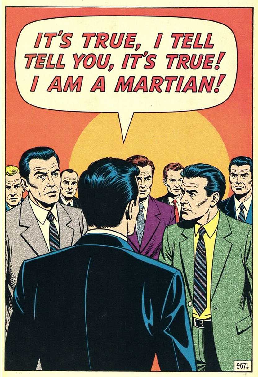 This image is a vintage comic book panel, featuring a dramatic confrontation scene. The art style is reminiscent of the 1950s American comic book era, with bold lines, flat colors, and a clear sense of action and tension.The medium is paper, and the colors are primarily in shades of red, yellow, and black, with some blue and white accents. The reds and yellows are quite bright, creating a sense of urgency and importance, while the blacks and blues provide contrast and a more subdued tone.The objects in the image include1. A speech bubble coming from the center of the panel, with the words IT'S TRUE, I TELL YOU, IT'S TRUE! I AM A MARTIAN! written in a bold, red, allcaps font. The speech bubble is white with a red outline, and its positioned in the center of the panel, drawing the viewers attention directly to the declaration.2. The main character, who is facing away from the viewer, with only the back of his head and shoulders visible. He is wearing a darkcolored suit with a lightcolored shirt and tie.3. Two men in suits standing on either side of the main character. The man on the left is wearing a lightcolored suit with a white shirt and tie, and he has a concerned or incredulous expression. The man on the right is wearing a darker suit with a yellow shirt and tie, and he has a more aggressive or confrontational stance.4. A group of onlookers in the background, with their faces obscured, but their varied expressions suggest a range of reactions to the main characters declaration.5. The comic books title or logo is at the top of the panel, in a smaller font, but its not legible.6. The comic books price and issue number are at the bottom right corner of the panel, with V672 1 written in black.