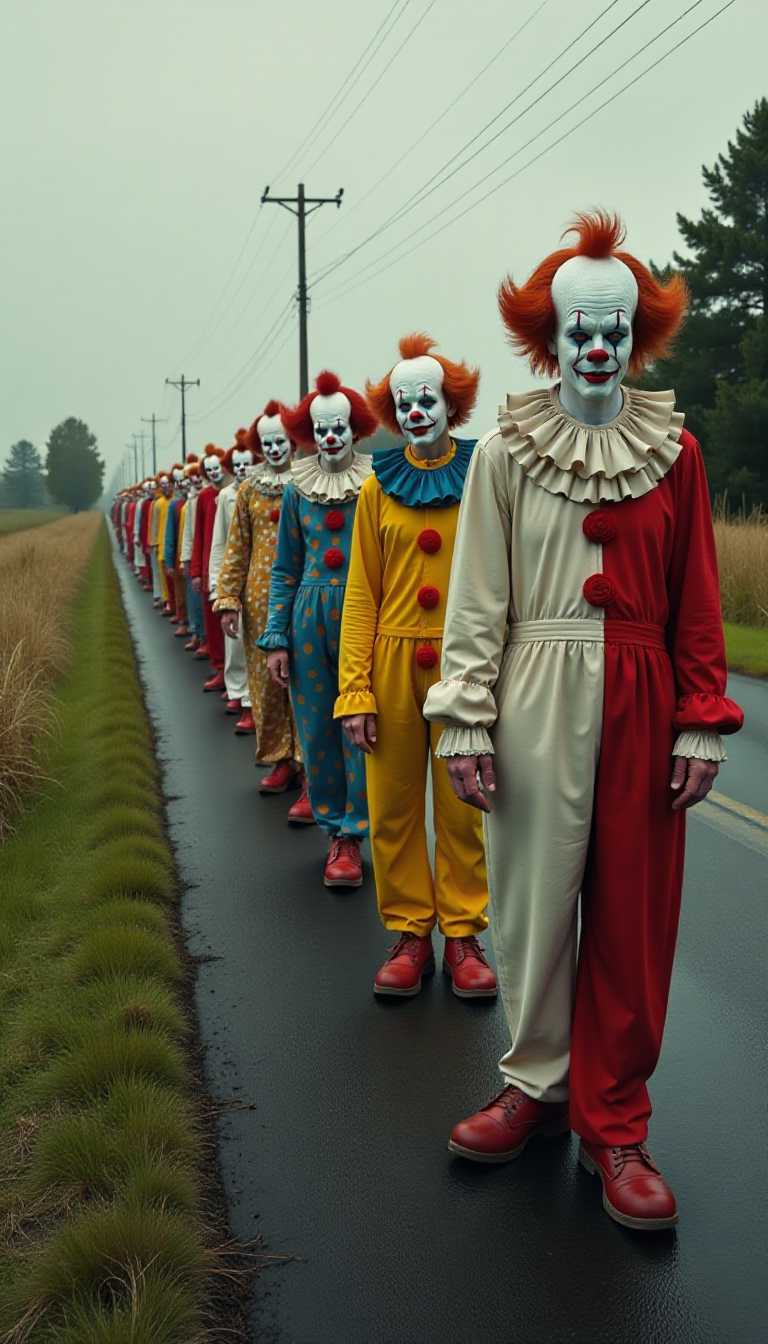 This image depicts a group of individuals dressed in clown costumes, standing in a line on a road. The art style is realistic with a slight touch of surrealism, as the number of clowns in the line is quite extensive, creating a somewhat unusual and eerie scene. The medium appears to be a photograph, given the texture and quality of the image.The colors in the image are quite muted, with a predominance of earthy tones. The road is black, and the grass on the side is a dull green. The clowns costumes come in a variety of colors, including yellows, reds, blues, and whites, with patterns such as polka dots and stripes. The costumes are detailed, with ruffles, sequins, and bright buttons, which stand out against the more subdued background.The objects in the image are primarily the clowns and the road. The clowns are the focal point, with their costumes and expressions drawing the viewers attention. The road is wet, suggesting recent rain, and there are power lines and trees in the background, adding to the rural setting. The line of clowns stretches into the distance, implying depth and a sense of continuity.