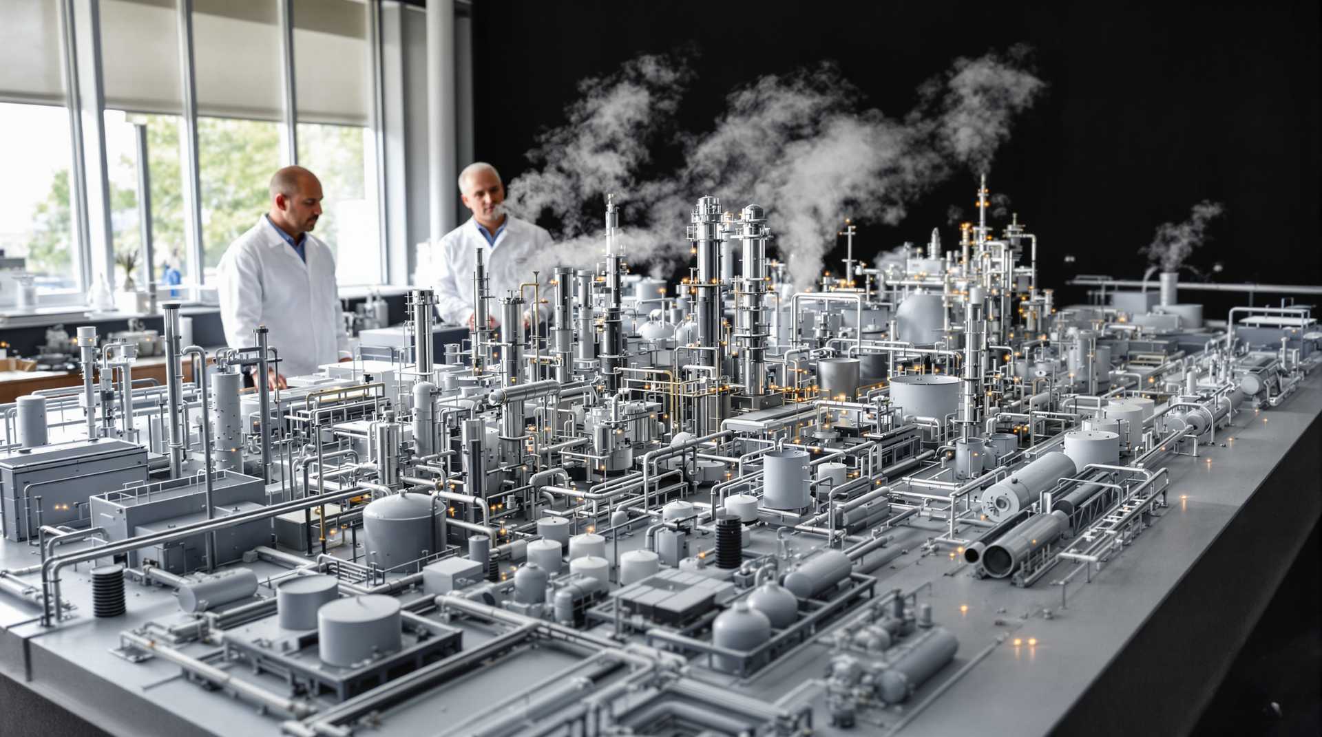 A highly detailed, photorealistic model of an industrial chemical plant displayed on a large laboratory or presentation table. The model is approximately 6-10 feet wide and features all typical elements: distillation columns, reactors, storage tanks, pipelines, cooling towers, and production facilities - all in perfect miniature scale of approximately 1:87. The materials look authentic: gleaming metal, matte surfaces, realistic textures. Delicate wisps of steam rise from the cooling towers, created through miniature practical effects. In the background, two engineers in white lab coats are examining the model, providing scale reference. The lighting is professional, with soft daylight streaming through large windows. High-resolution photography with depth of field that emphasizes the fine details of the model. The style is reminiscent of professional architectural photography. Small LED lights indicate active processes in various areas of the plant. The perspective is slightly elevated to provide a comprehensive overview of the entire complex. The room is slightly darkened.