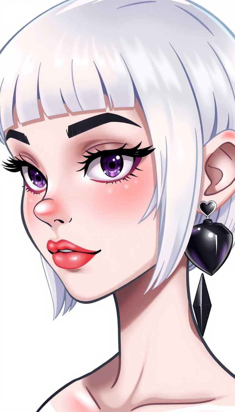 This is an illustration of a stylized female character with a bold and modern art style. The medium appears to be digital painting, given the smooth color gradients and the lack of texture that one might expect from traditional painting mediums.The character has short, straight white hair with a blunt cut that frames her face. The hair is depicted with a high level of detail, with individual strands of hair visible, giving it a realistic texture. The hair color is a pure white with subtle highlights and shadows that add depth and dimension.The characters facial features are angular and stylized, with a strong jawline and a determined expression. Her eyes are a deep purple with a metallic sheen, giving them a somewhat alien or robotic appearance. The eyes are detailed with a high level of contrast, with the pupils being the darkest part of the eye, and the irises and sclera having a lighter purple hue.The characters ears are large and prominent, with a heartshaped piercing visible on the left earlobe. The earrings are black with a reflective quality, possibly made of glass or a similar material, and they have a sharp, angular design that complements the overall aesthetic of the character.The character is wearing a highnecked black garment that has a simple, clean design. The neckline is adorned with a single, small, white bead or button, which stands out against the dark fabric. The garments sleeves are short, and the wrists are bare, which adds to the overall sleek and modern look of the character.The background of the image is a gradient of purples, ranging from a deep violet at the top to a lighter lavender at the bottom. The gradient gives the image a dreamy or ethereal quality, and it also provides a nice contrast to the stark black of the characters clothing.