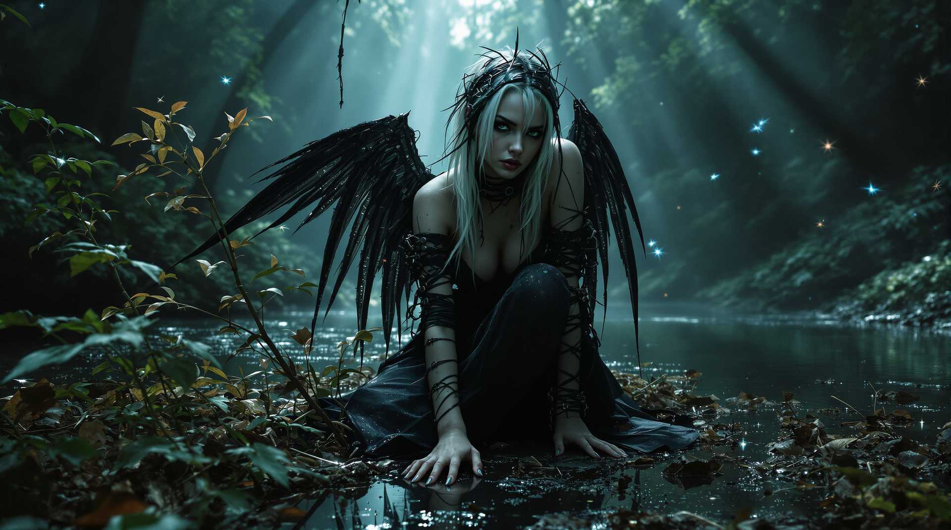 Fallen cyberpunk tortured latina angel with blacked white hair & black hair roots, black distressed wings, wires, chains, technology - warrior and destroyer. She's sitting: a sign of anger, capitulation, distressed.  Mysterious. 

The plants around her emit a faint, ghostly glow, adding a sense of eerie magic to the desolate landscape. Shafts of light slice through the dense canopy above, illuminating patches of the ground and casting long, dramatic shadows, reminiscent of Leone’s iconic wide shots. The river runs quietly, its dark, reflective surface interrupted only by the occasional glint of glowing plants and fragmented beams of light. The atmosphere is tense and gritty, as if danger is lurking just beyond the frame, with close-ups of her hands gently grazing the ground, showing dirt and wear, while the wind rustles her dress and hair.

Floating orbs of light and ghostly insects hover near her, casting soft glows in the shadowed scene. The forest feels alive, yet hauntingly empty, with Leone-style wide-angle shots capturing the isolation and grandeur of the environment, while dramatic close-ups emphasize the weariness and strength in her gaze. The overall atmosphere is dark, intense, and cinematic, blending the raw, gritty realism of a Sergio Leone film with the haunting magic of a forgotten, enchanted world.