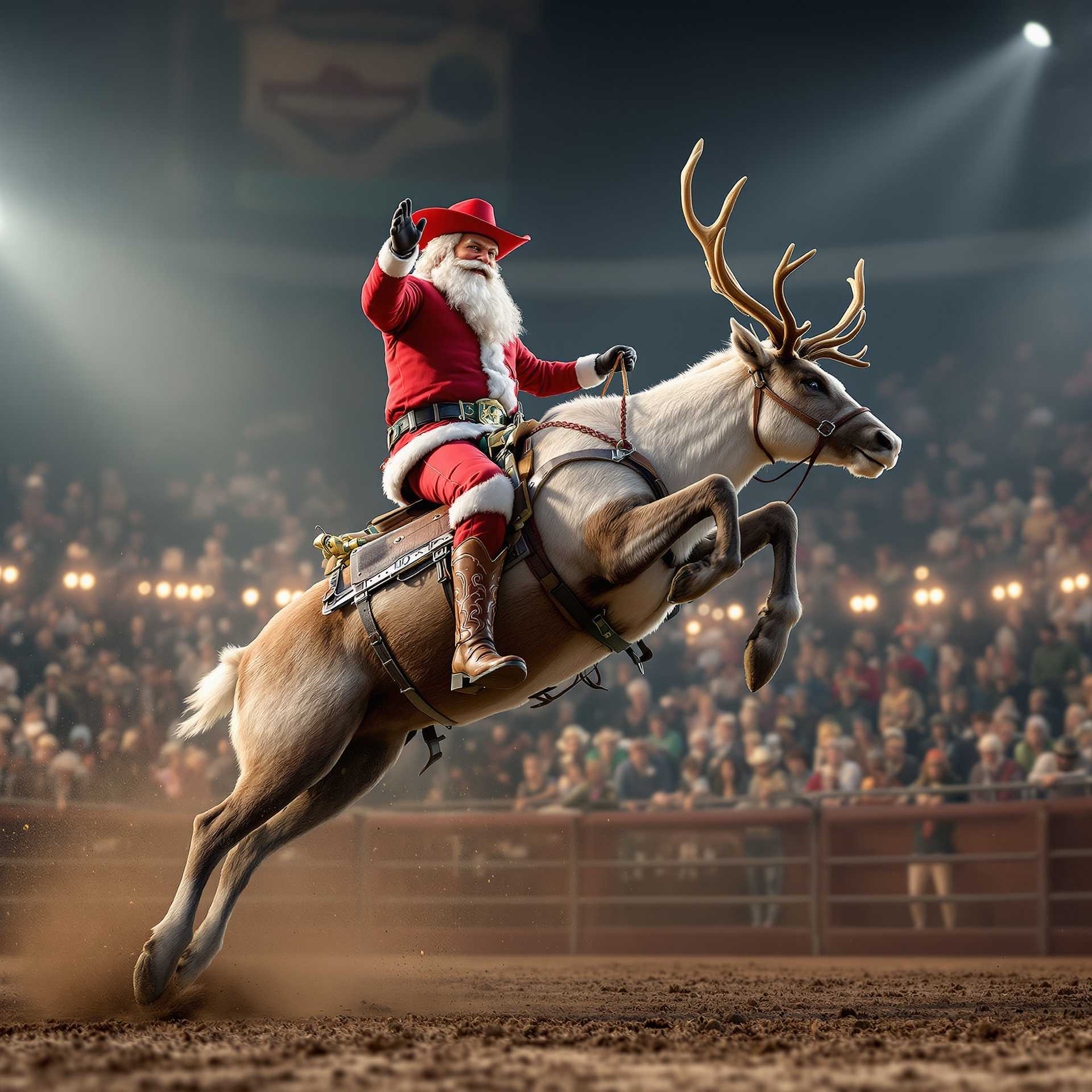 A hyperrealistic 3d photo of a reindeer rodeo. Santa is dressed as a cowboy with a red cowboy hat and leather tooled cowboy boots with spurs. he's riding a bucking reindeer in the arena. background is a seated crowd of watchers