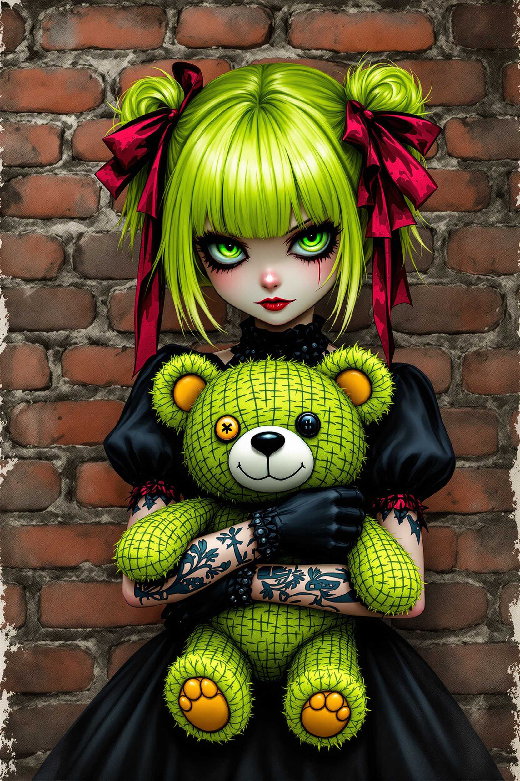Gothic Emo Girl with Green Hair and Tattoos, Holding a Green Teddy Bear