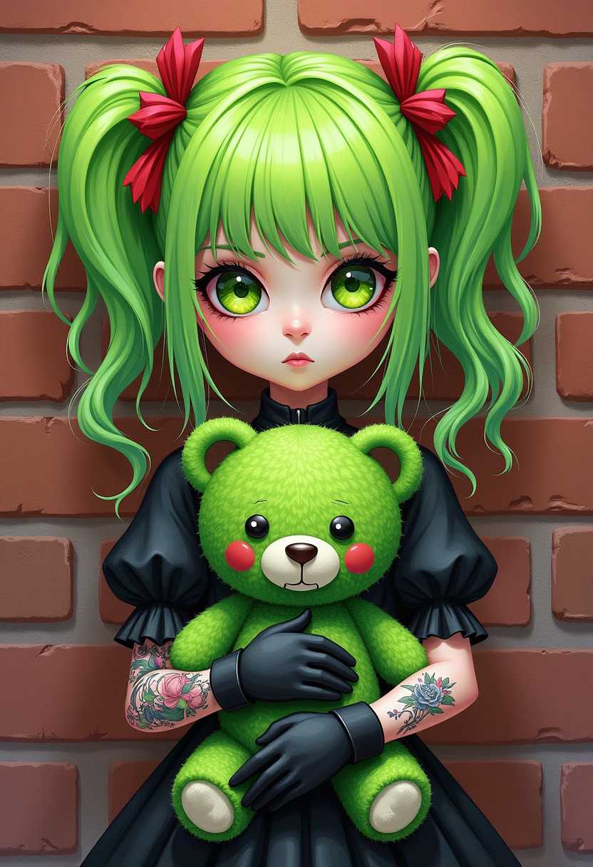 Whimsical goth girl, lime green hair with red ribbons, big luminous green eyes, sullen look, black dress with short puff sleeves, tattoos, black gloves, clutching a grass green stitched up teddybear with buttons for eyes to her chest, bg brick wall,  grungy, airbrush and alcohol ink