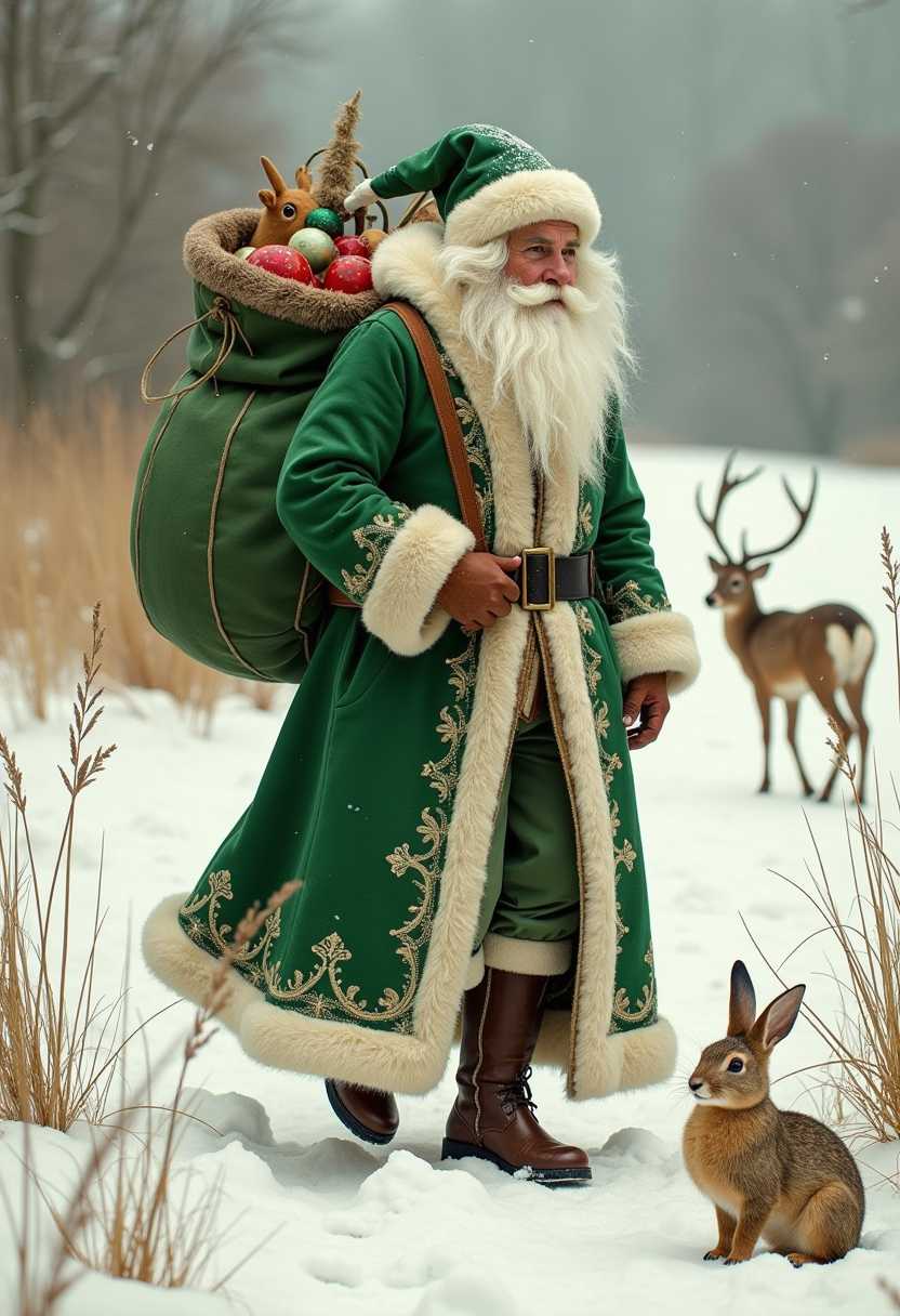 Victorian. A thin Victorian Santa Claus with long white curly hair & beard, clad in an ornate long green robe with a white design and edged with white fur, green clothing underneath, brown boots and a green hat carries upon his back a green bag filled with toys. He is dusted with snow and is trudging through a snowy field with deer in the background. In the foreground, in the foreground a snow hare is sitting in some long dead weeds.