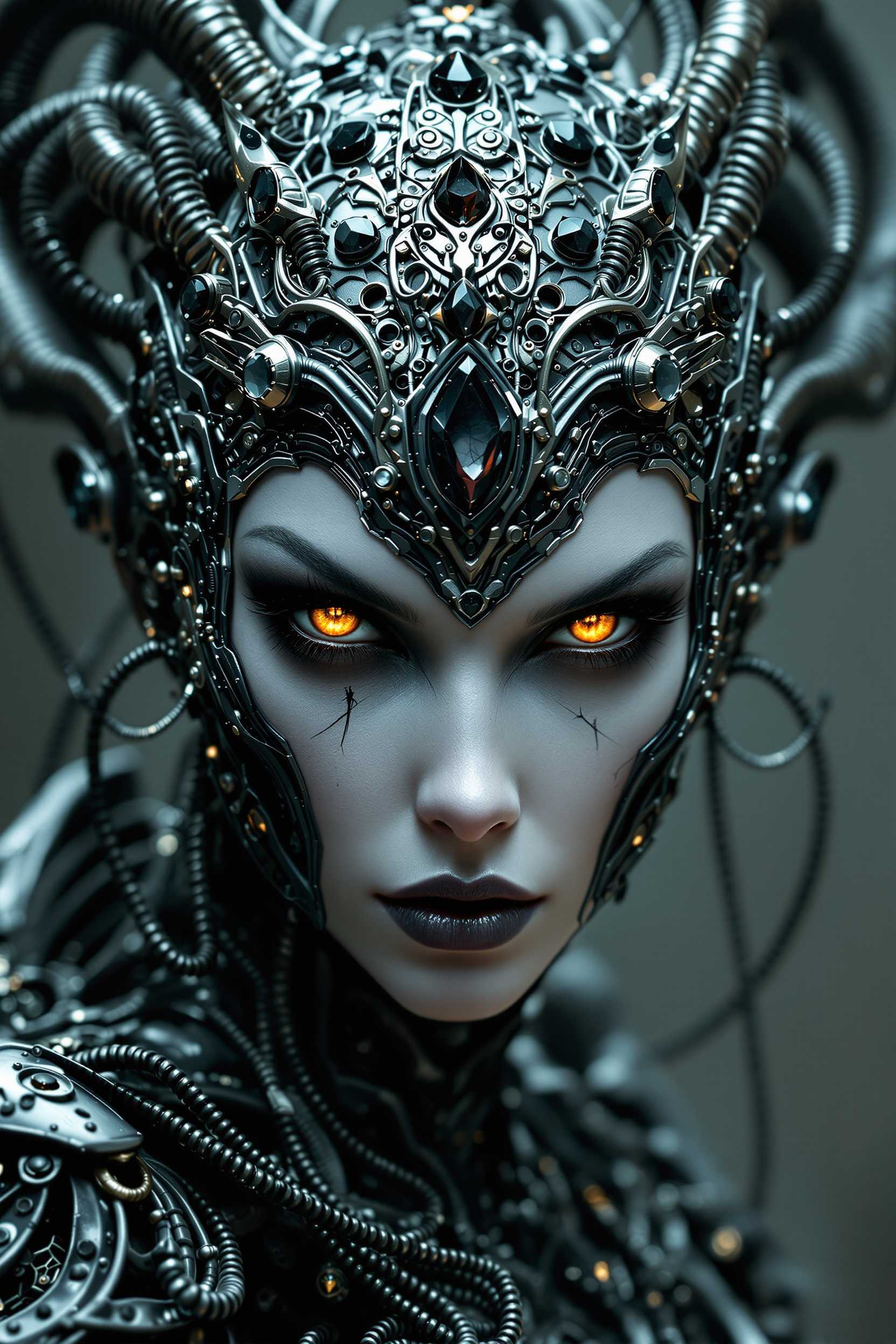 A superior ancient Strigoi vampire queen, with an ominous and powerful presence. Her visage is otherworldly, inspired by the biomechanical designs of HR Giger. Her face is framed by intricate, metallic-like headgear adorned with dark, glistening jewels that seem alive. Her amber eyes glow intensely, drawing the viewer in, with every detail accentuated for a photorealistic look. Her half-body portrait showcases highly detailed, biomechanical armor that seamlessly merges with her pale, flawless skin. The armor is adorned with swirling patterns, tubes, and textures that exude both elegance and danger. The lighting is meticulously set to highlight every curve and detail, producing an 8K, Unreal Engine-level of realism, evoking a dreamlike yet horrifying aura. The character is positioned to stare directly at the viewer, her expression a mix of allure and menace, demonstrating unparalleled craftsmanship and eye detail.