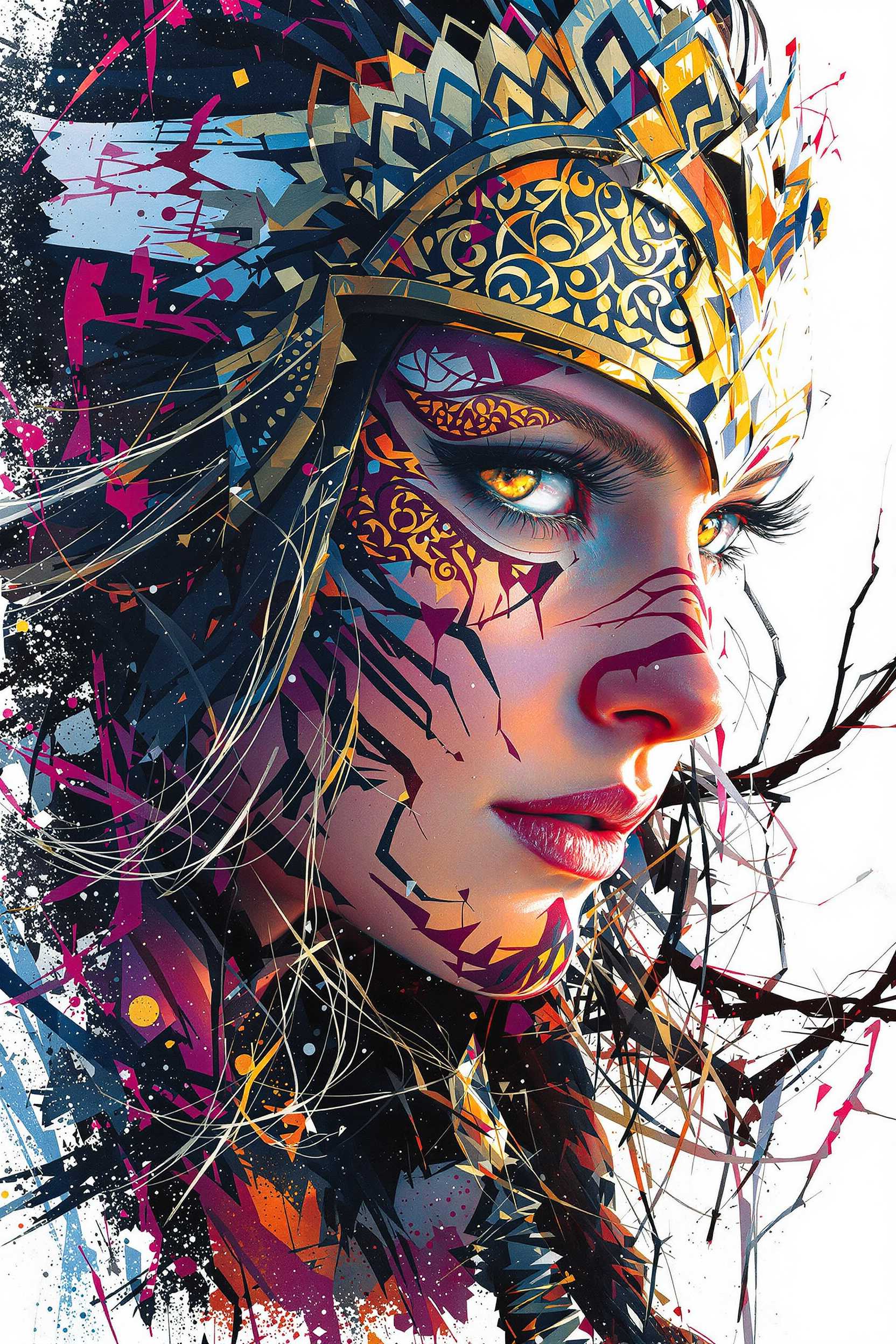 Super detailed: A captivating and enigmatic artwork featuring a mysterious Viking lady on a pristine white background. The subtle bright colors blend seamlessly into a single magnificent creation, with a strong emphasis on light and shadow. Her face is adorned with intricate Viking war paint, and her striking features are captured in a close-up, revealing a great play of light and shadow. The image is both simple yet intricate, holding secret meanings and enchanting viewers with its exquisite detailing and accents on the smallest elements. The light falls smoothly on the high-quality, 8K image, enhancing its vividness and creating an even more fascinating picture., illustration, 3d render, painting, vibrant.