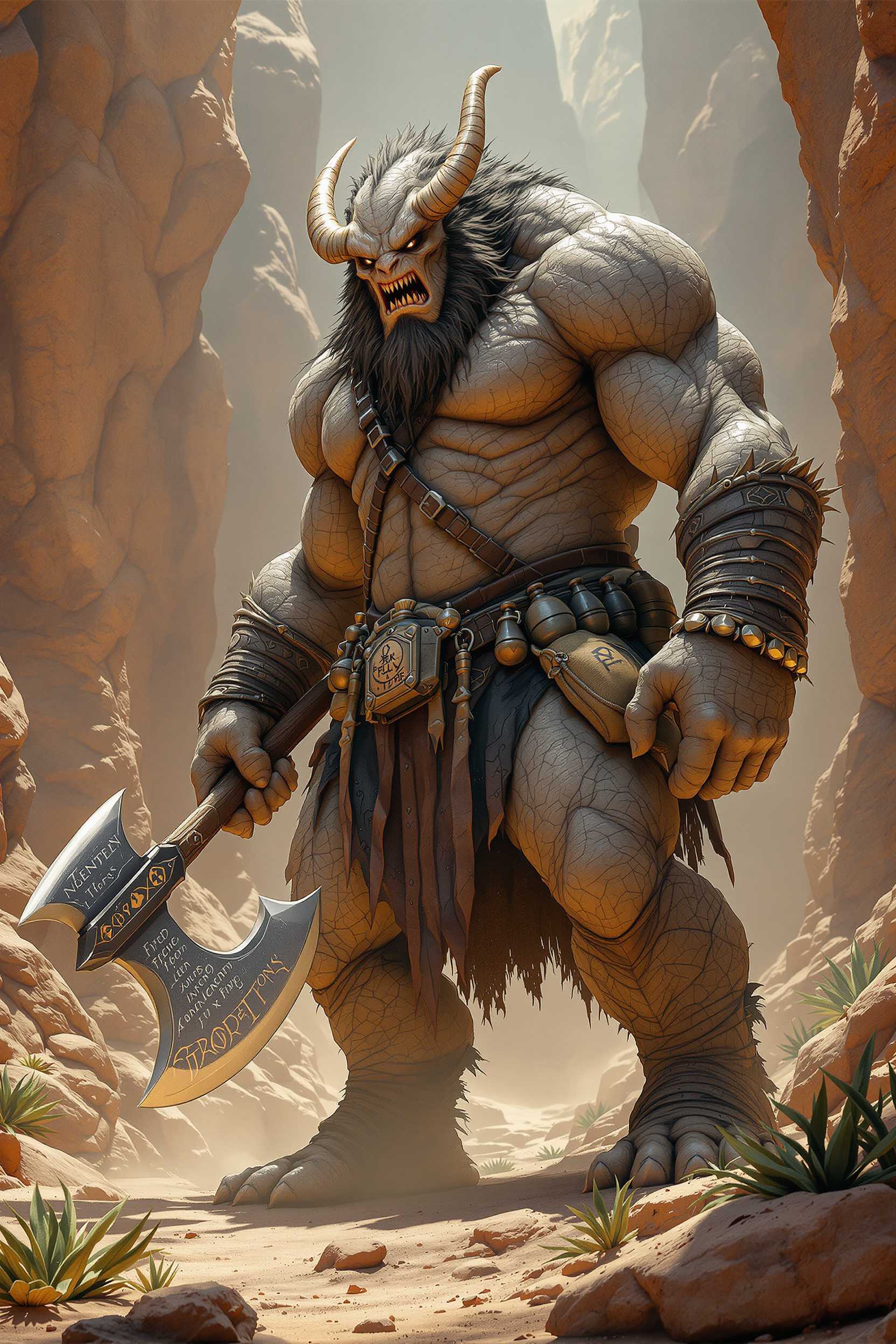 generates a unique, upright, full-bodied, highly muscular creature with textured skin. The creature holds a massive ax in its right hand, with a shiny blade and ancient engravings. His pose is one of dynamic attack, tense muscles and fierce gaze. Used medieval accessories, a belt with flasks and bags.  The bottom is a desert canyon, with rocky and arid terrain, dotted with small plants resistant to dry climates. The lighting is spectacular. The image must be photorealistic.