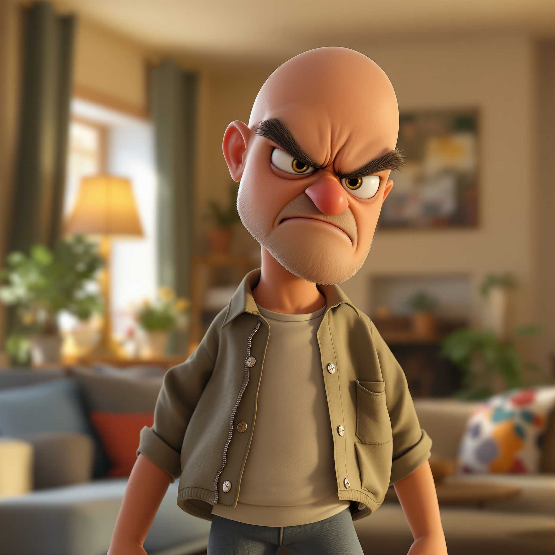 3d cartoon animation of a lovely bald man, no hair, very angry. Dressed in a casual outfit, in a house living room. Inspired by Disney and Pixar