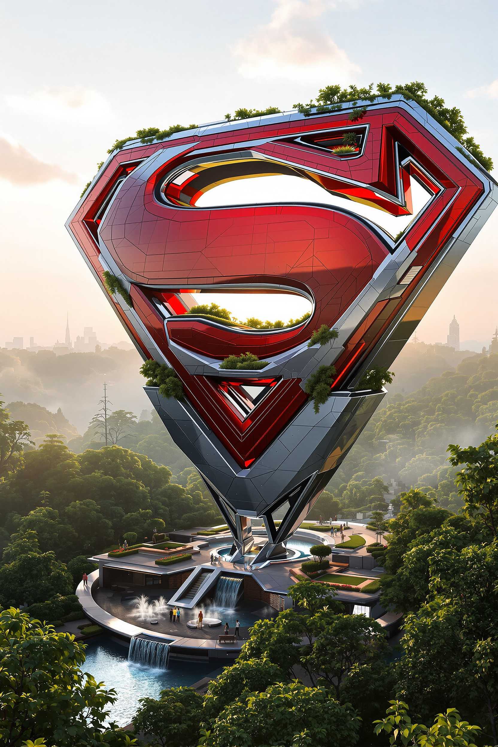 Imagine a futuristic superhero headquarters inspired by the iconic Superman logo. The structure hovers above lush greenery, featuring sleek, modern architecture with integrated waterfalls and vibrant red accents. Surrounding the building are serene water features and manicured gardens, combining elements of nature with high-tech innovations. Envision this scene at dawn, enveloped in a soft, golden light.