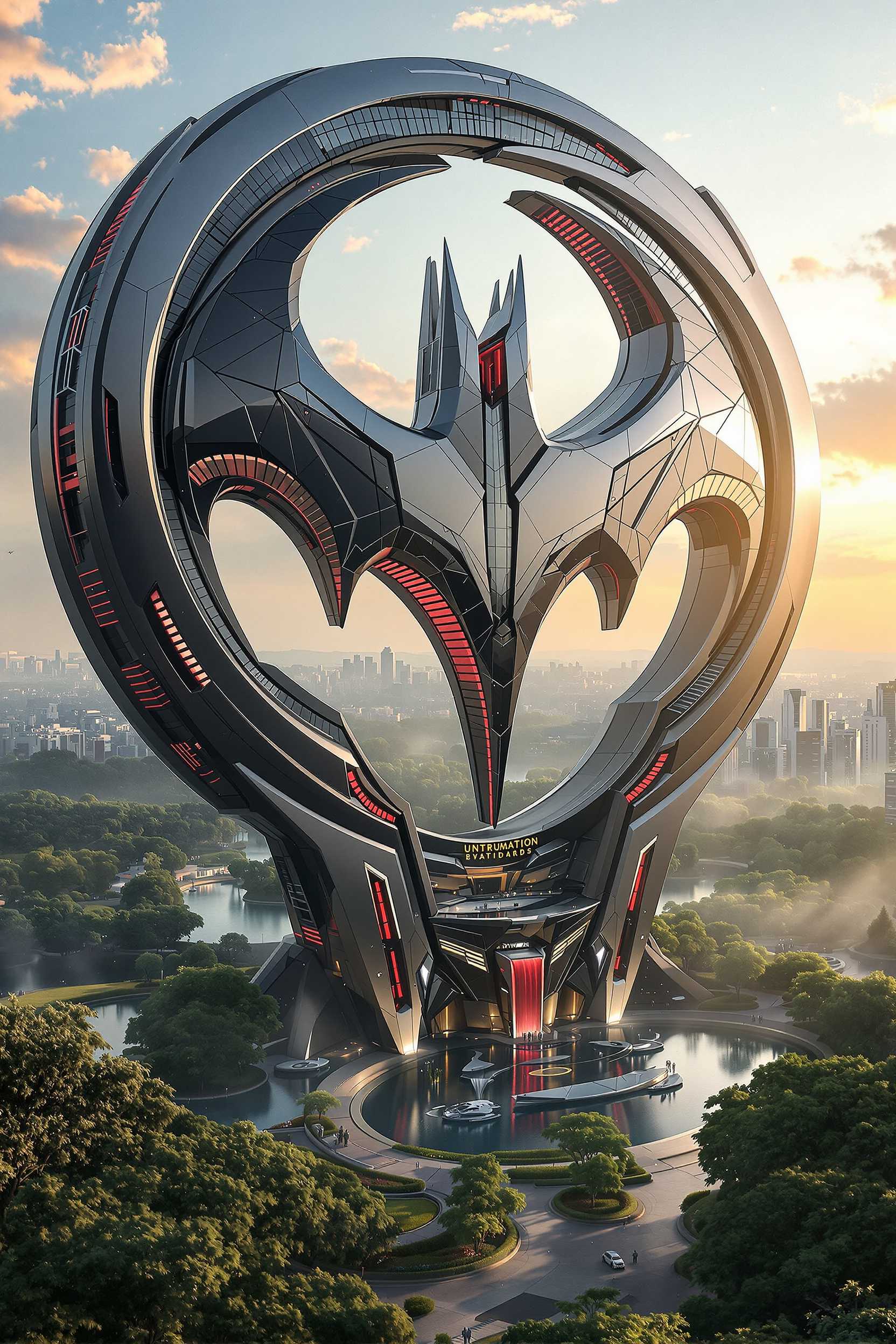 Imagine a futuristic superhero headquarters inspired by the iconic Batman logo. The structure hovers above lush greenery, featuring sleek, modern architecture with integrated waterfalls and vibrant red accents. Surrounding the building are serene water features and manicured gardens, combining elements of nature with high-tech innovations. Envision this scene at dawn, enveloped in a soft, golden light.