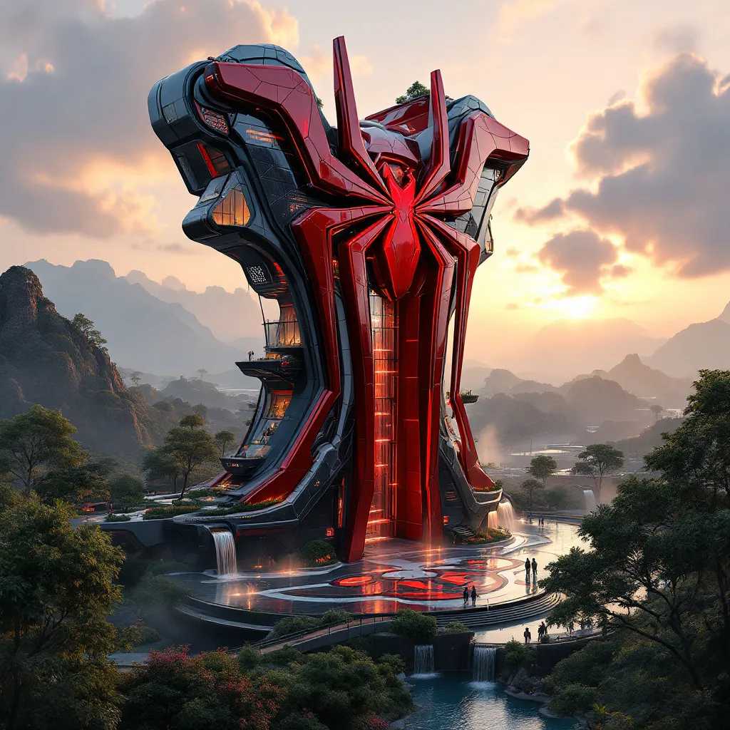 Imagine a futuristic superhero headquarters inspired by the iconic red spider, Spiderman logo. The structure hovers above lush greenery, featuring sleek, modern architecture with integrated waterfalls and vibrant red accents. Surrounding the building are serene water features and manicured gardens, combining elements of nature with high-tech innovations. Envision this scene at dawn, enveloped in a soft, golden light.