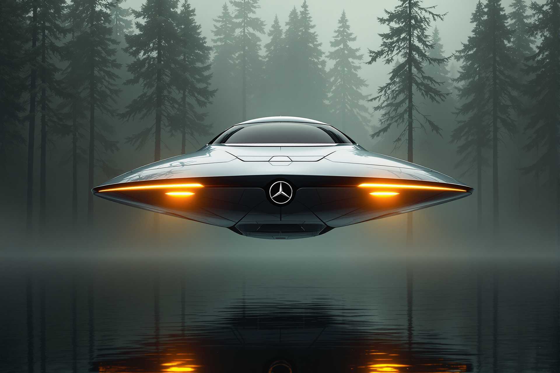 This image is a digital artwork that depicts a futuristic flying vehicle hovering over a body of water. The vehicle is designed with a sleek, saucerlike shape, and it has a reflective metallic surface that gives it a glossy appearance. The vehicles design is reminiscent of a classic flying saucer, with a rounded top and a central body that narrows towards the edges.The vehicle is illuminated with a warm, amber glow emanating from the front, where there are two headlights that are also shaped like the MercedesBenz logo. The headlights are surrounded by a halo of light, and the vehicles overall lighting gives it a sense of motion and energy.The vehicle is set against a backdrop of a dense forest, with tall, straight trees that reach up into the misty sky. The trees are dark and foreboding, with the light filtering through the canopy casting a moody ambiance over the scene. The reflection of the vehicle on the water below adds depth and symmetry to the composition.The colors in the image are muted and moody, with a predominance of greens and browns from the forest, and the reflective silver of the vehicle. The warm amber glow of the vehicle provides a contrast and focal point in the composition. The lighting in the scene is soft and diffused, with the mist and the trees contributing to a sense of mystery and otherworldliness.The medium used to create this artwork is digital painting, as evidenced by the smooth gradients and seamless blending of colors. The artist has employed a realistic style with a touch of surrealism, creating a believable scene that still retains a sense of fantasy and imagination.