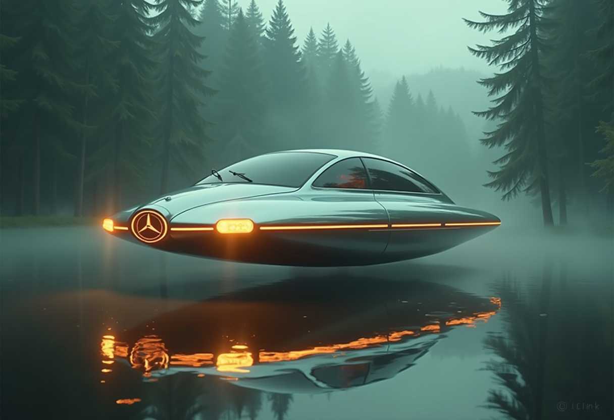 This image is a digital artwork that depicts a futuristic flying vehicle hovering over a body of water. The vehicle is designed with a sleek, saucerlike shape, and it has a reflective metallic surface that gives it a glossy appearance. The vehicles design is reminiscent of a classic flying saucer, with a rounded top and a central body that narrows towards the edges.The vehicle is illuminated with a warm, amber glow emanating from the front, where there are two headlights that are also shaped like the MercedesBenz logo. The headlights are surrounded by a halo of light, and the vehicles overall lighting gives it a sense of motion and energy.The vehicle is set against a backdrop of a dense forest, with tall, straight trees that reach up into the misty sky. The trees are dark and foreboding, with the light filtering through the canopy casting a moody ambiance over the scene. The reflection of the vehicle on the water below adds depth and symmetry to the composition.The colors in the image are muted and moody, with a predominance of greens and browns from the forest, and the reflective silver of the vehicle. The warm amber glow of the vehicle provides a contrast and focal point in the composition. The lighting in the scene is soft and diffused, with the mist and the trees contributing to a sense of mystery and otherworldliness.The medium used to create this artwork is digital painting, as evidenced by the smooth gradients and seamless blending of colors. The artist has employed a realistic style with a touch of surrealism, creating a believable scene that still retains a sense of fantasy and imagination.