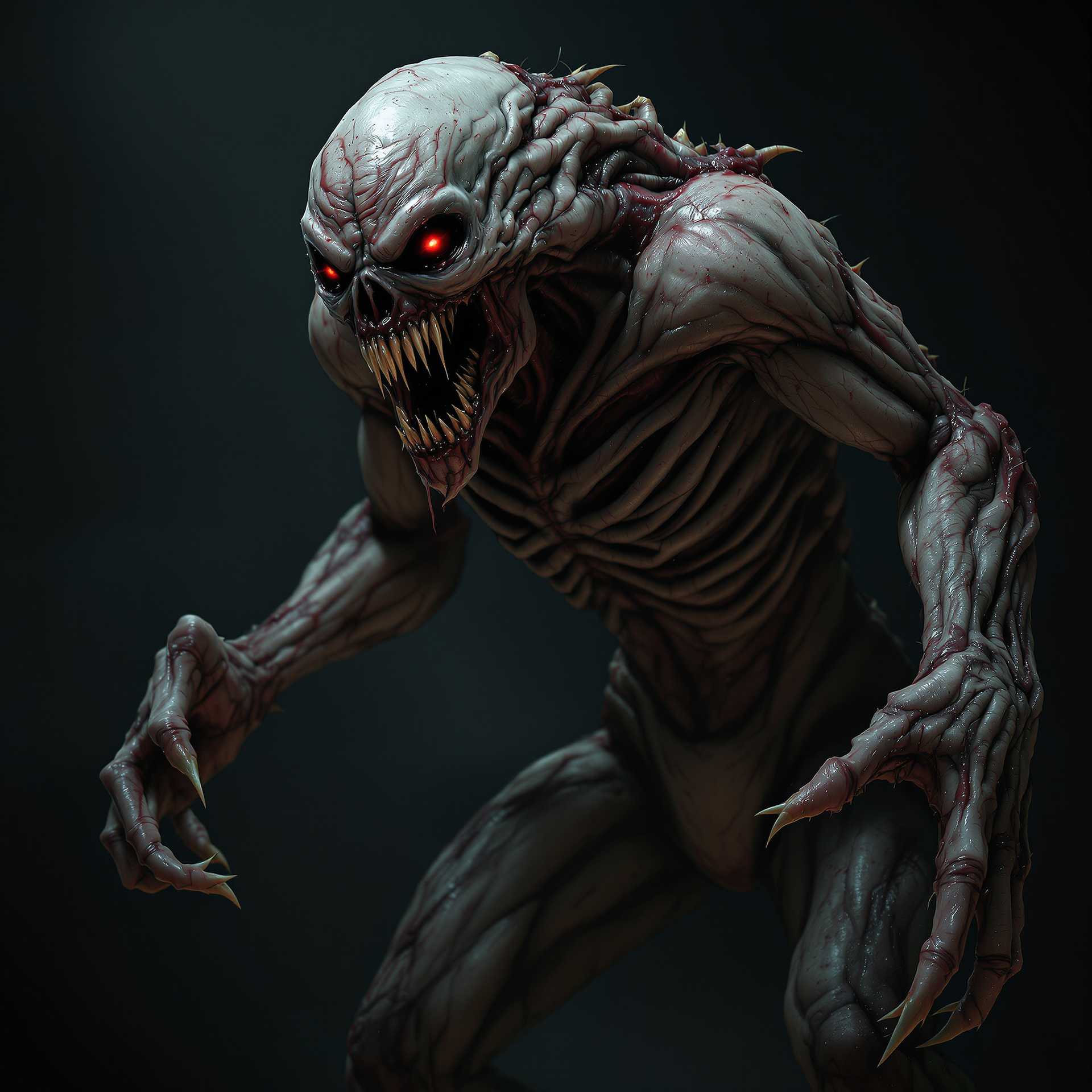 A terrifying monster with mutated, twisted limbs, pale decaying skin, and exposed muscle tissue, inspired by Resident Evil, ultra-realistic with detailed textures, glowing red eyes, elongated claws, drooling fangs, dark and gritty atmosphere, horror video game style.
