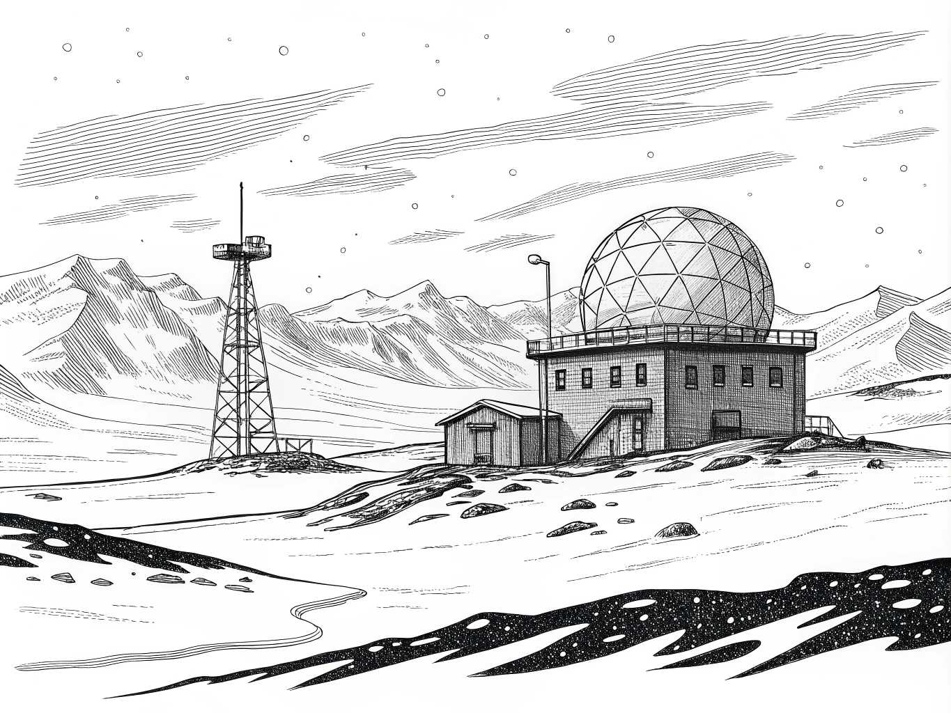 Black and white line art illustration on white background, a remote radar installation site in an arctic environment.