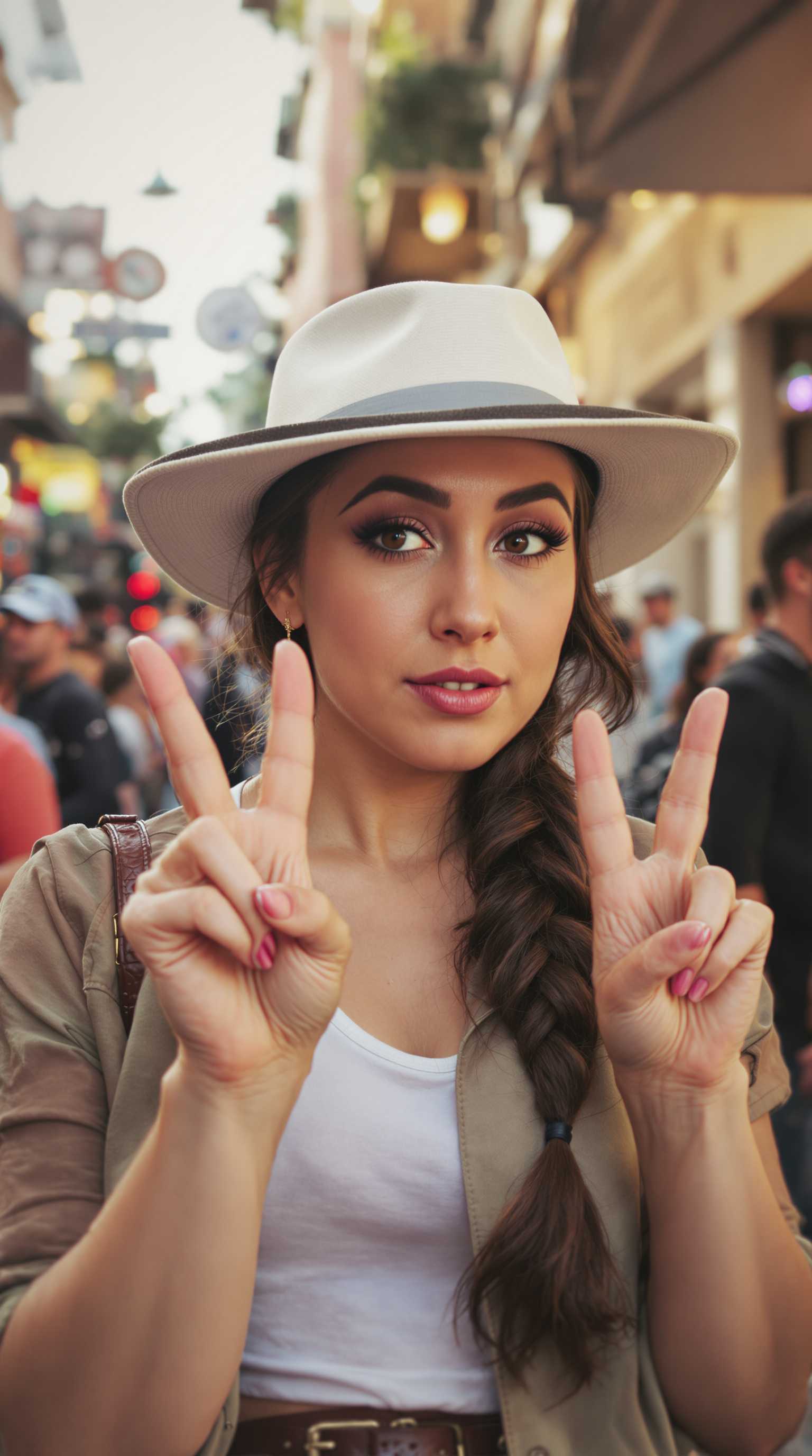 A heavy set woman with a side braid and flat brimmed hat. Showing the peace sign