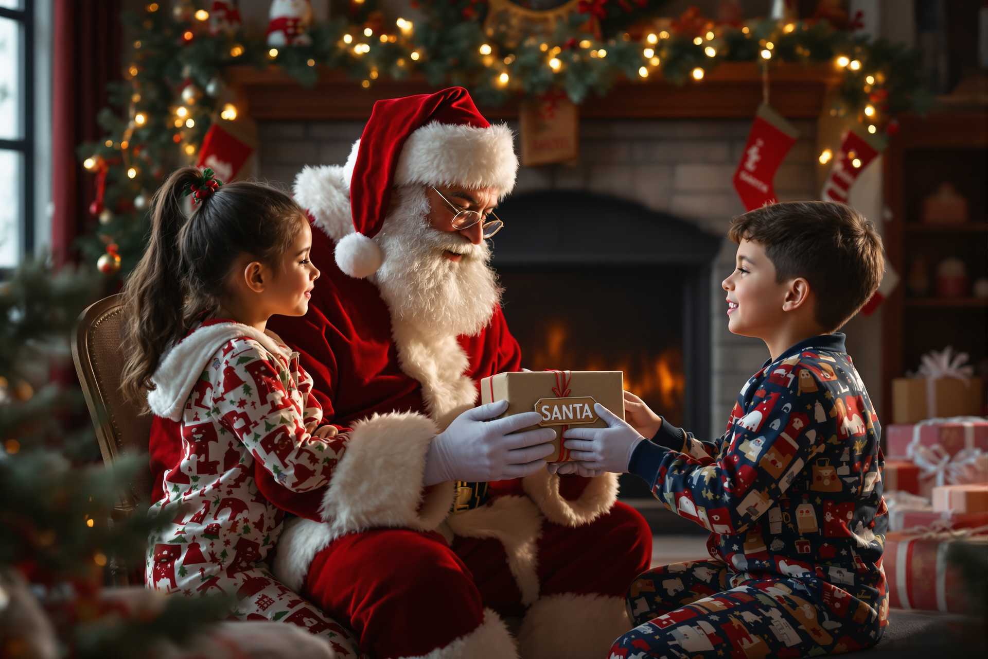 hyperrealistic image of Santa clause sitting in front of a chimney as two kids give him a gift with a tag that says "SANTA", a 6 year old hispanic girl in Christmas pj's and a 10 year old hispanic boy also wearing Christmas pj's in a room with detail Christmas decorations