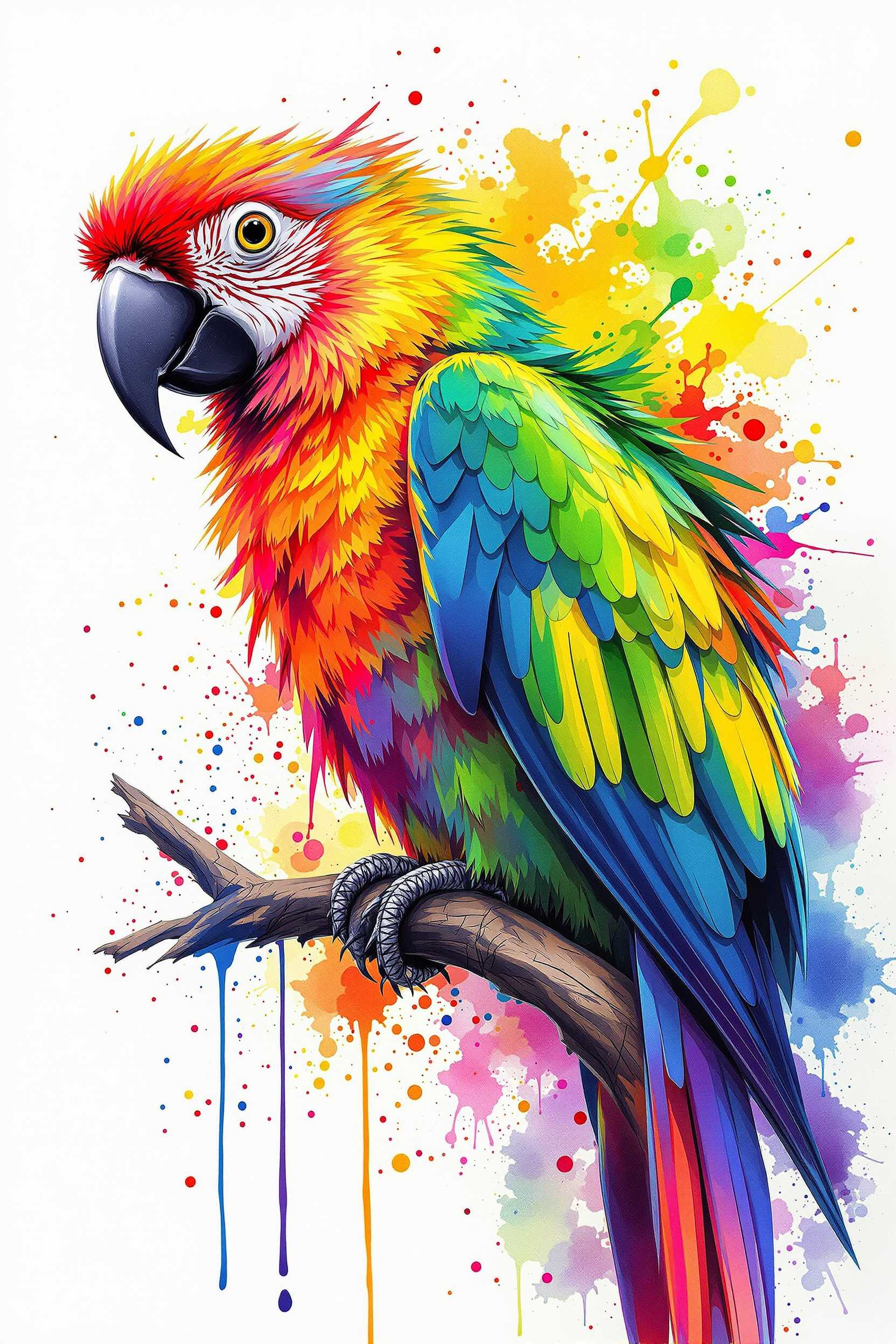 Vividly Colored Parrot on a Branch with Colorful Paint Drops